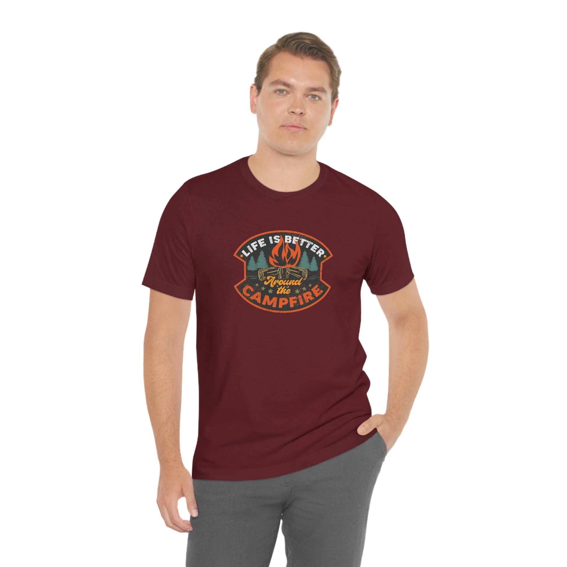 The Outdoor POD Store: Vintage Camping Tee - Life is Better Around the Campfire. Maroon