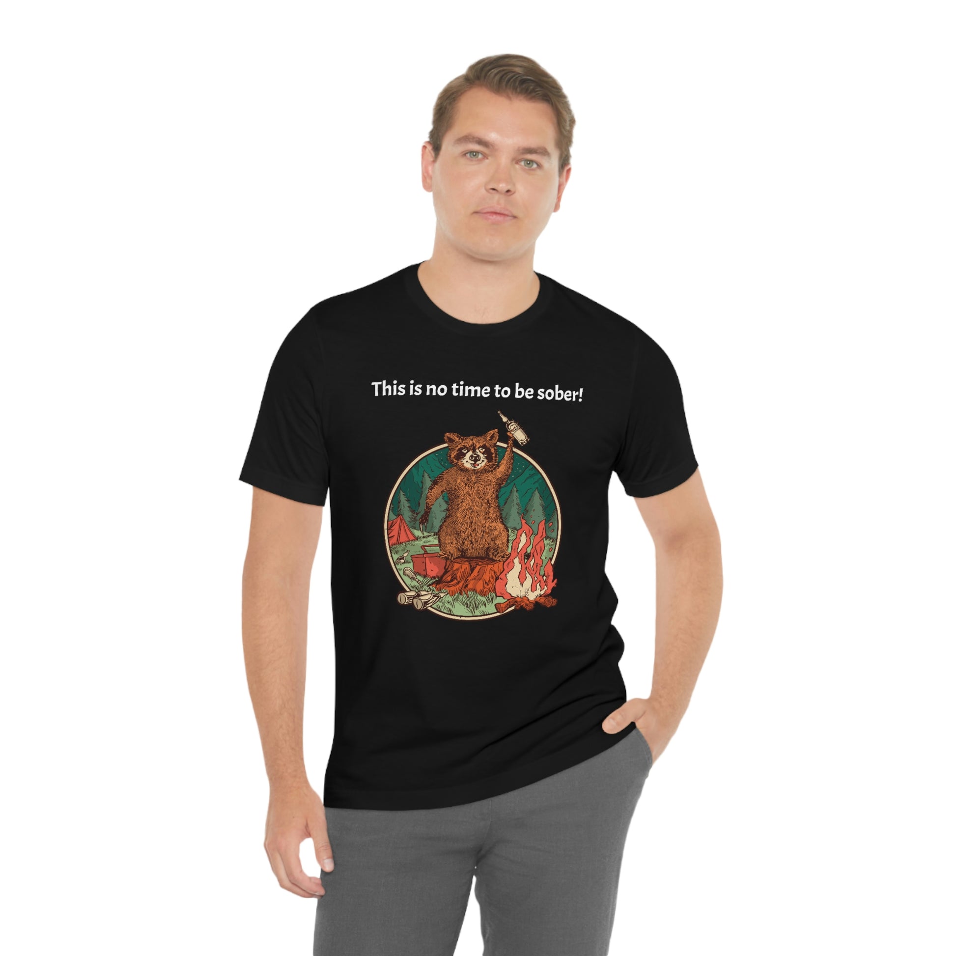 The Outdoor POD Store. This is no time to be sober raccoon campfire T-shirt. Black