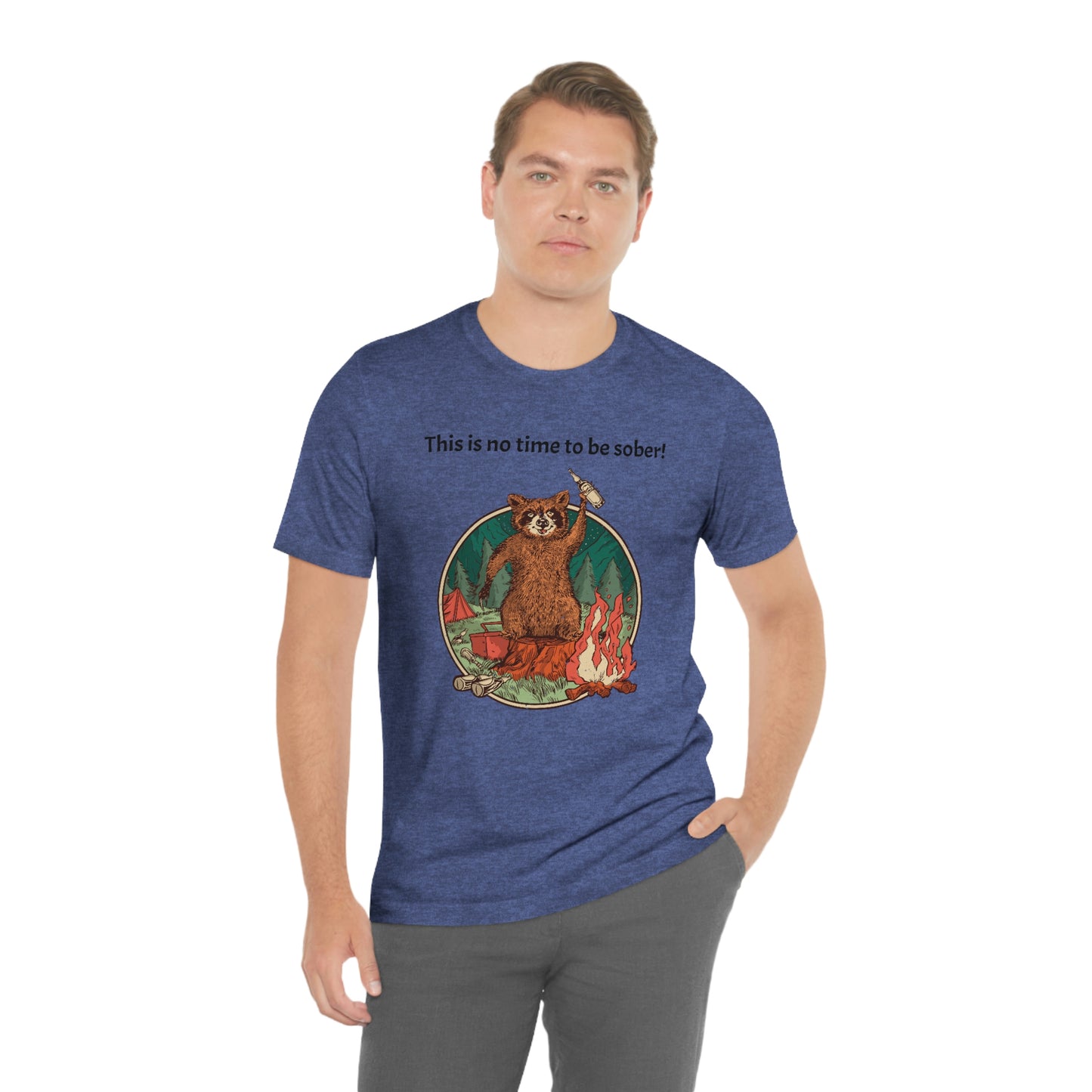 The Outdoor POD Store. This is no time to be sober raccoon campfire T-shirt.  Heather Royal Blue