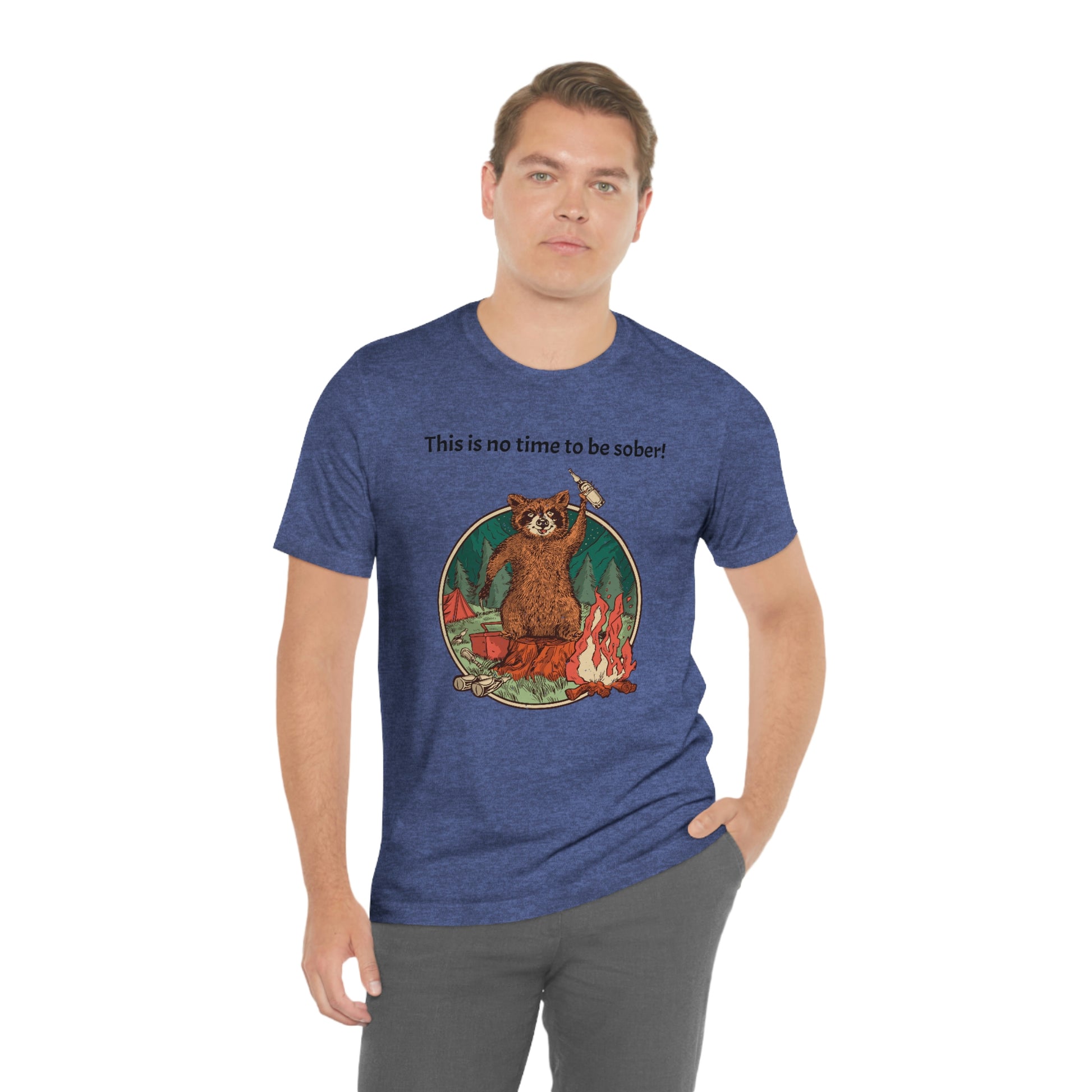 The Outdoor POD Store. This is no time to be sober raccoon campfire T-shirt.  Heather Royal Blue