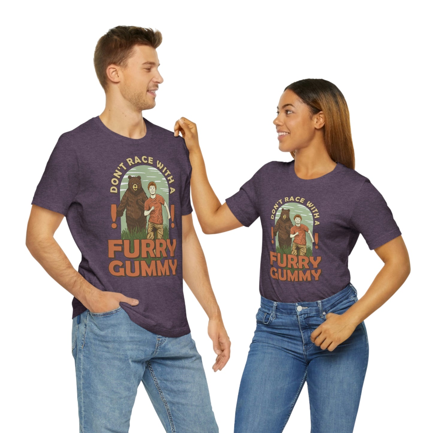 The Outdoor POD Store Funny Animal Meme Tee Collection. Don't Race with a Furry Gummy Bear. Heather Team Purple