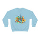 Light blue Camping Sweater. Pastel color mountains and compass light blue sweater