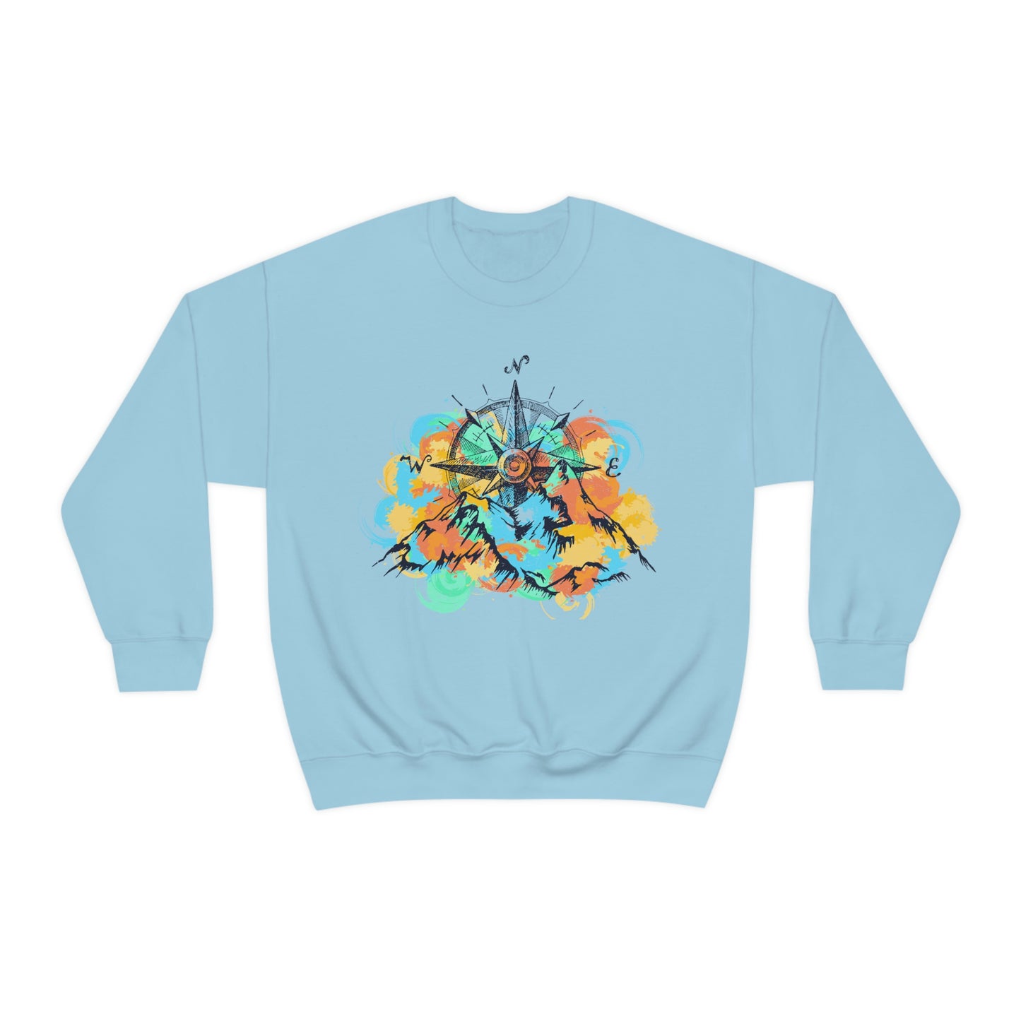 Light blue Camping Sweater. Pastel color mountains and compass light blue sweater