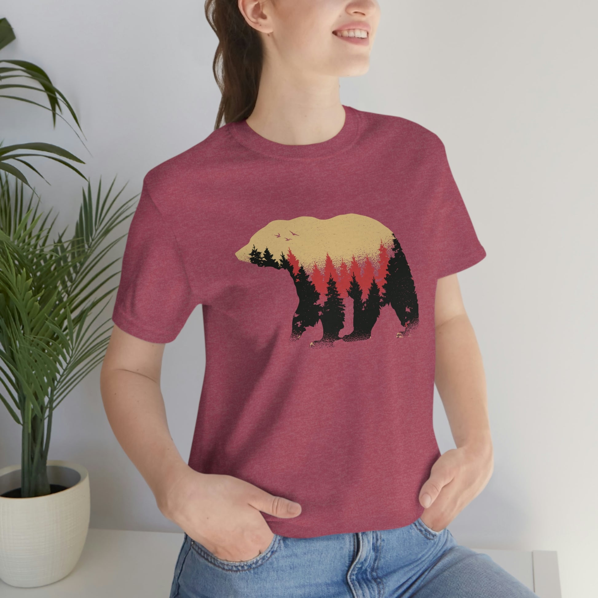 Outdoor POD Store. Camping Tee Collection. Bear Silhouette. Heather Raspberry