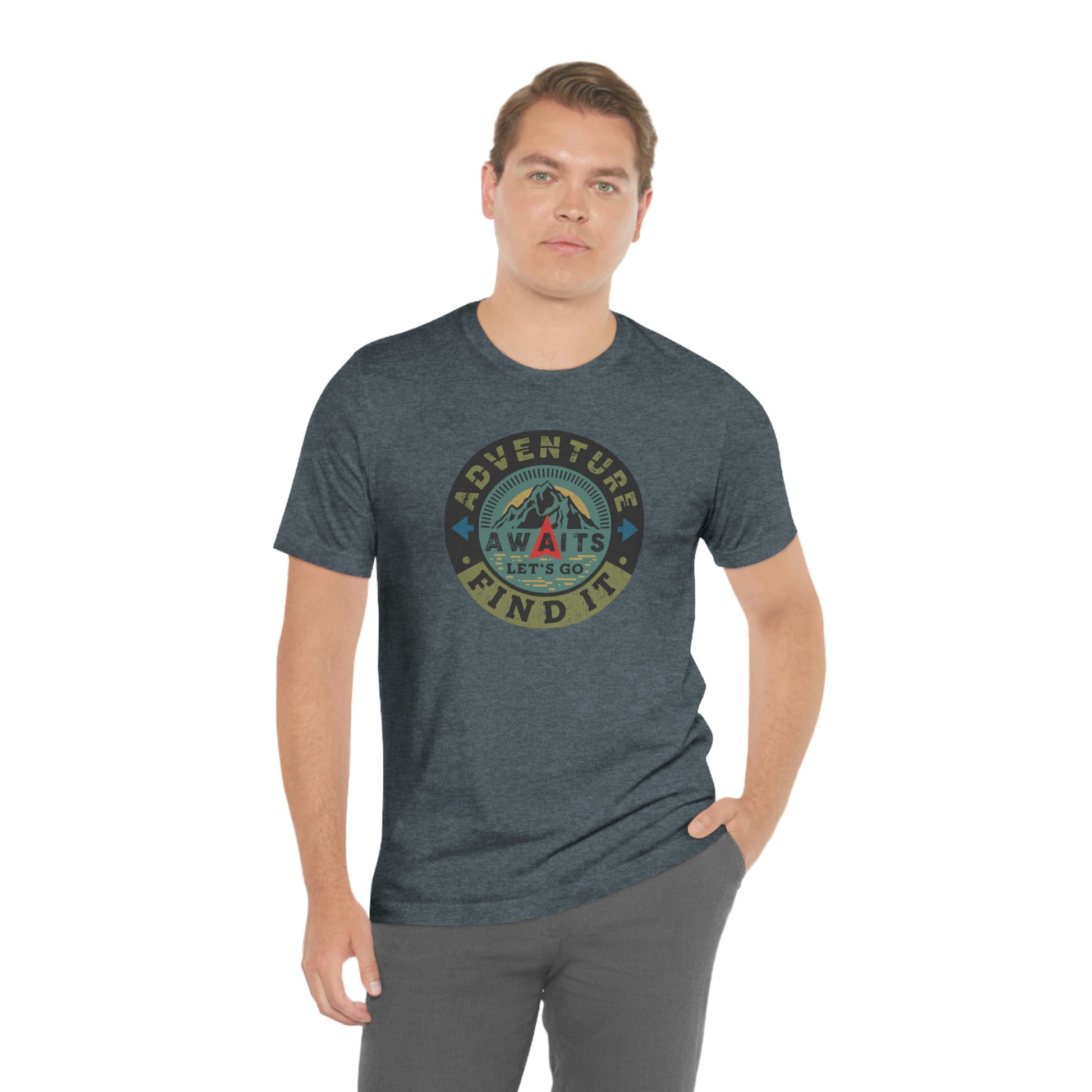 The Outdoor POD Store: Vintage Camping Tee Collection - Adventure Awaits Let's Go Find It. Heather Slate