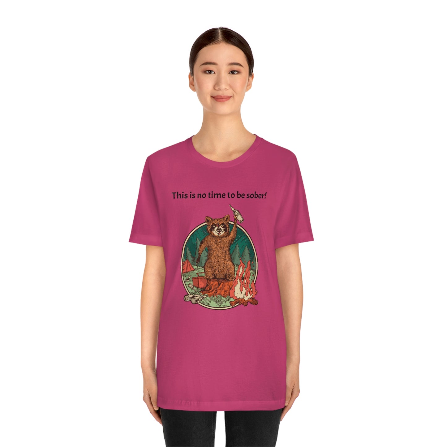 The Outdoor POD Store. This is no time to be sober raccoon campfire T-shirt.  Berry