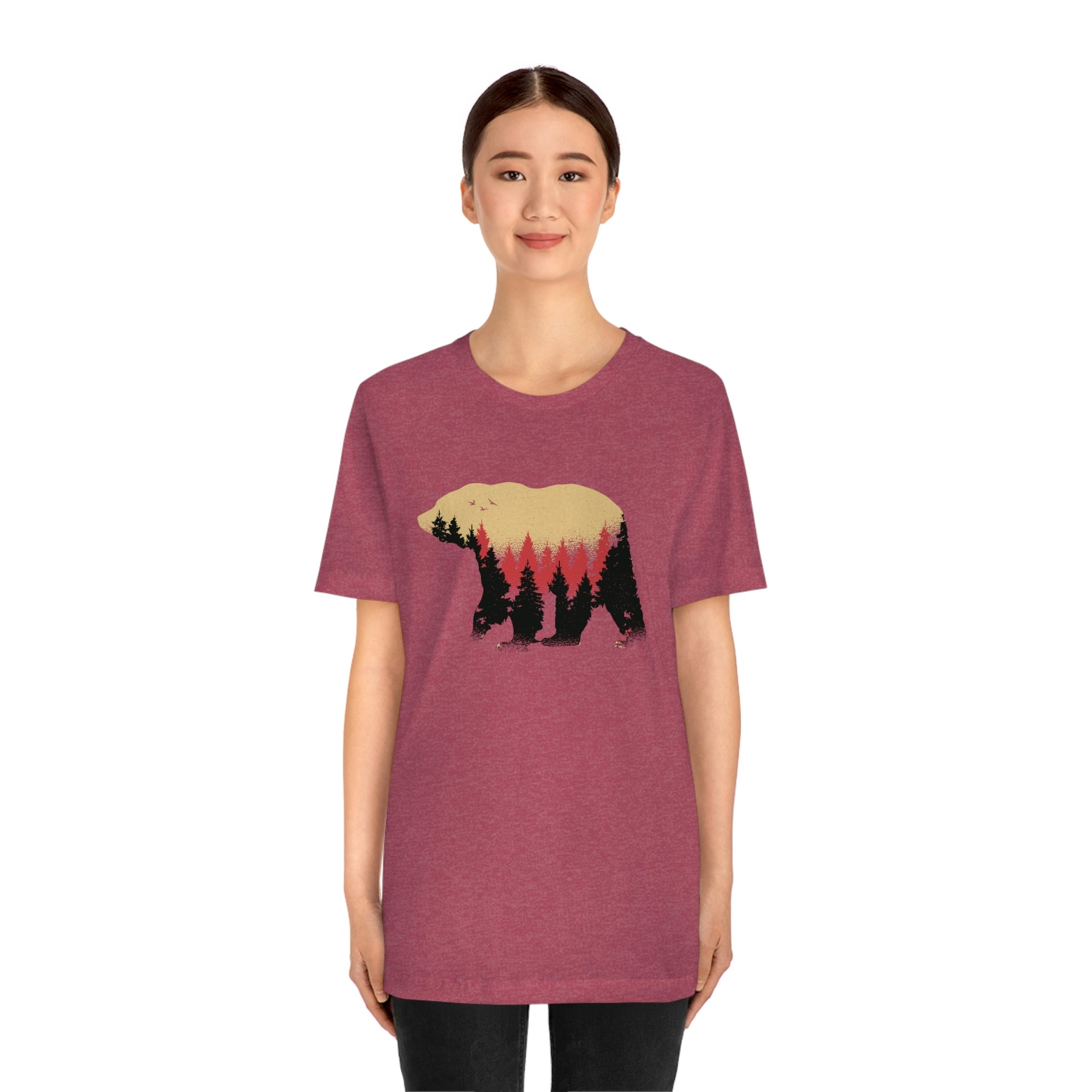 Outdoor POD Store. Camping Tee Collection. Bear Silhouette. Heather Raspberry