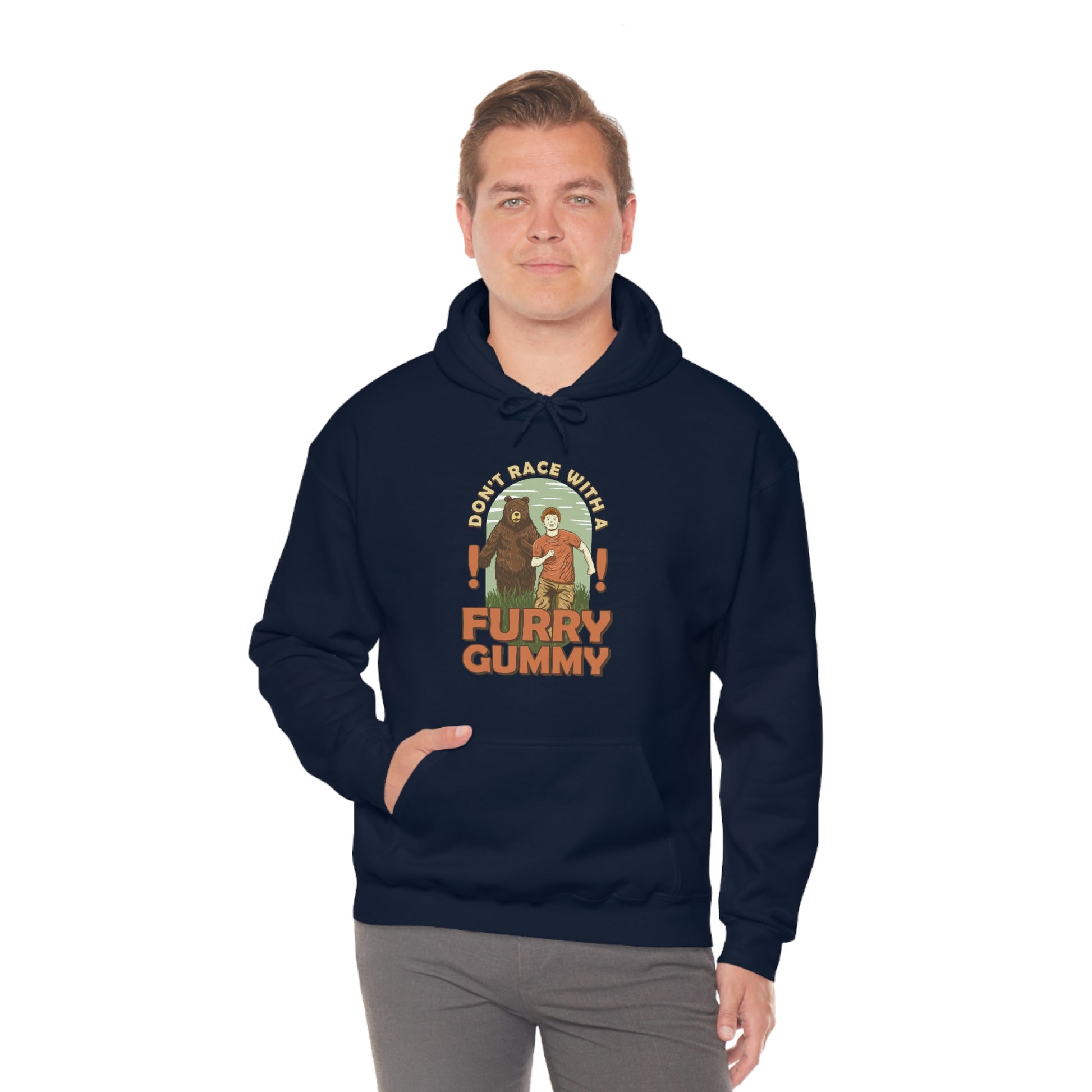 The Outdoor POD Store Funny Animal Meme Collection & Hoodie Collection. Don't Race with a Furry Gummy. Navy