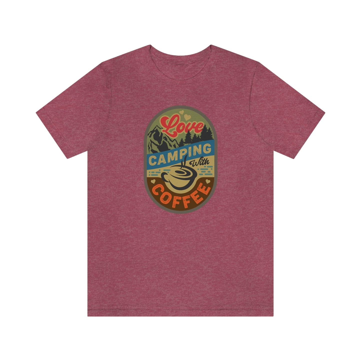 The Outdoor POD Store: Vintage Camping Tee - Love Camping with Coffee. Heather Raspberry