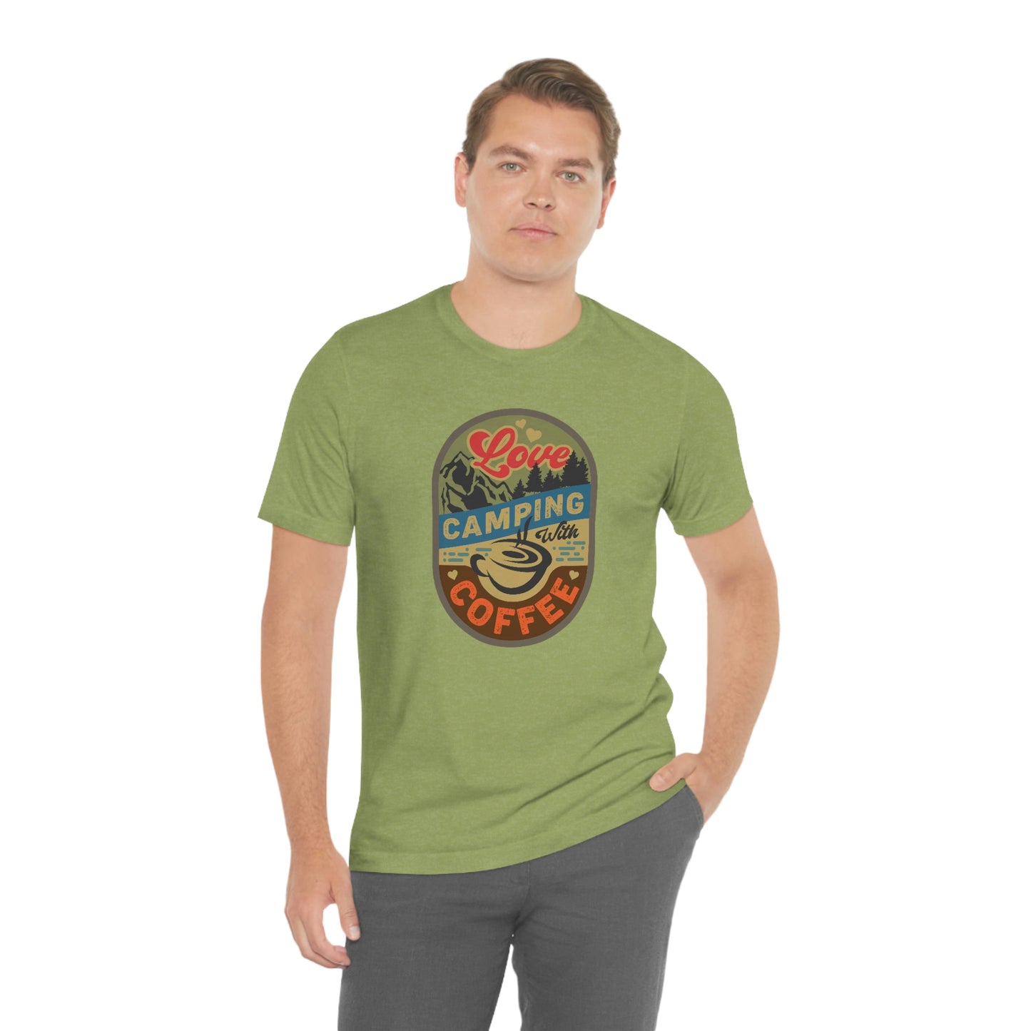 The Outdoor POD Store: Vintage Camping Tee - Love Camping with Coffee. Heather Green