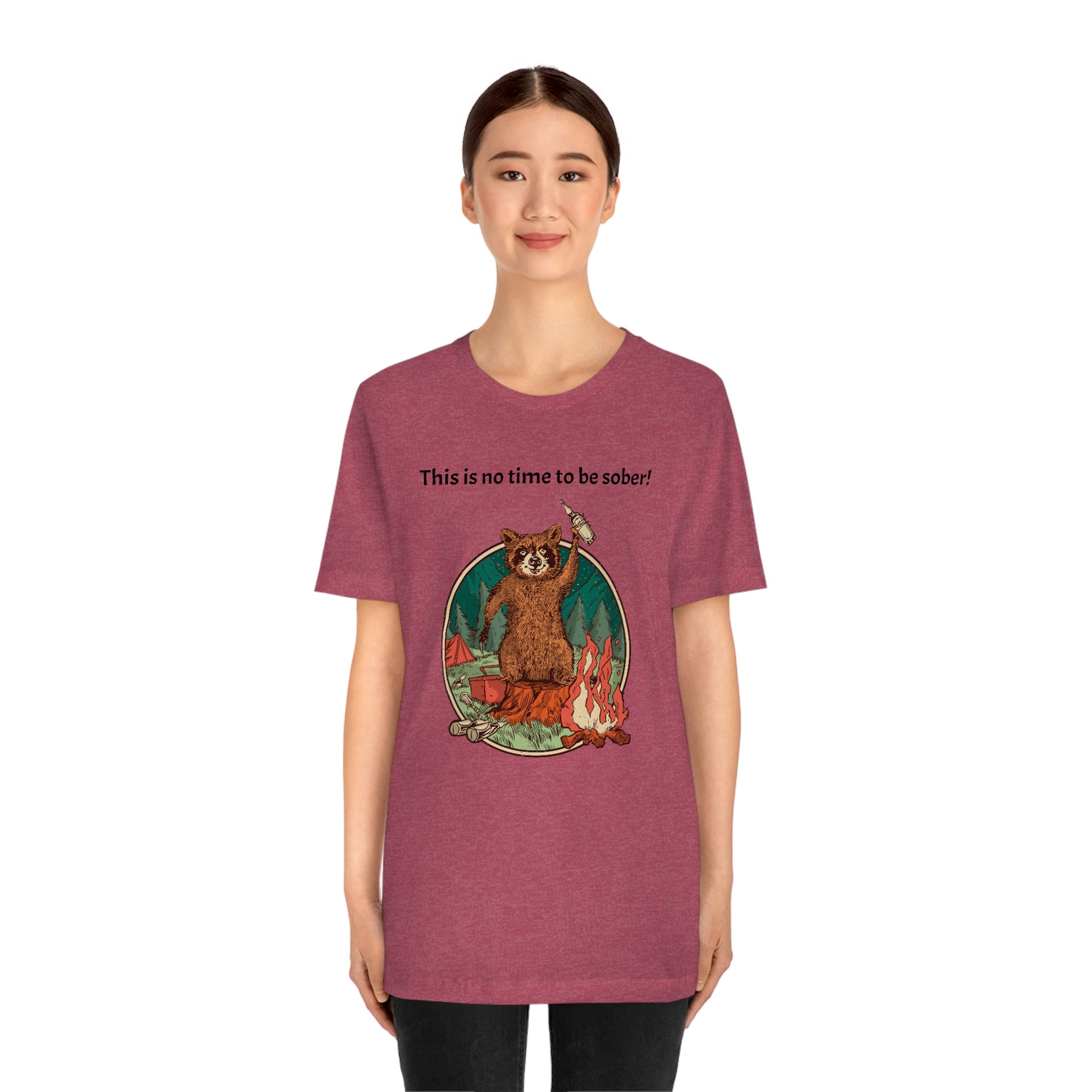 The Outdoor POD Store. This is no time to be sober raccoon campfire T-shirt.  Heather Raspberry