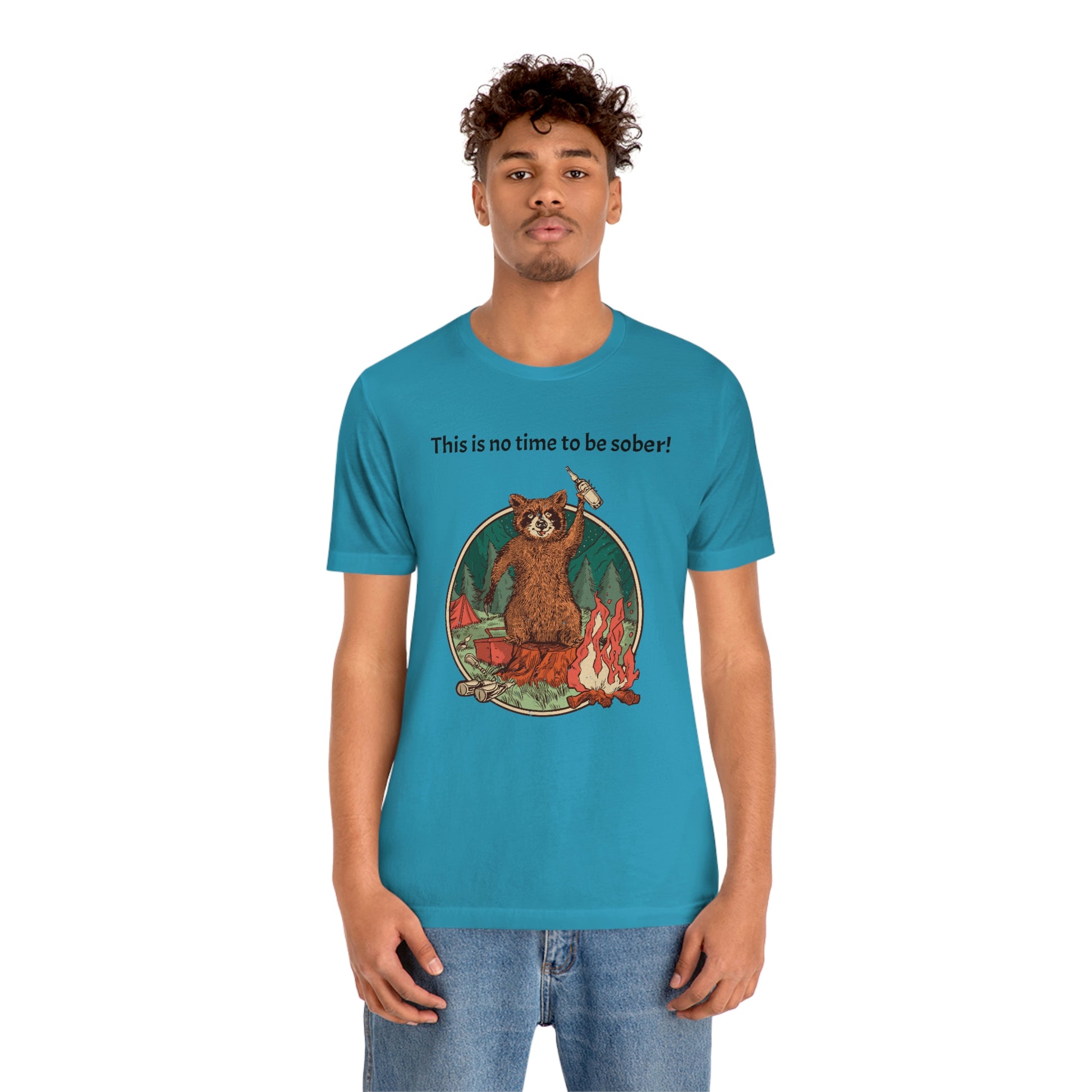 The Outdoor POD Store. This is no time to be sober raccoon campfire T-shirt. Aqua