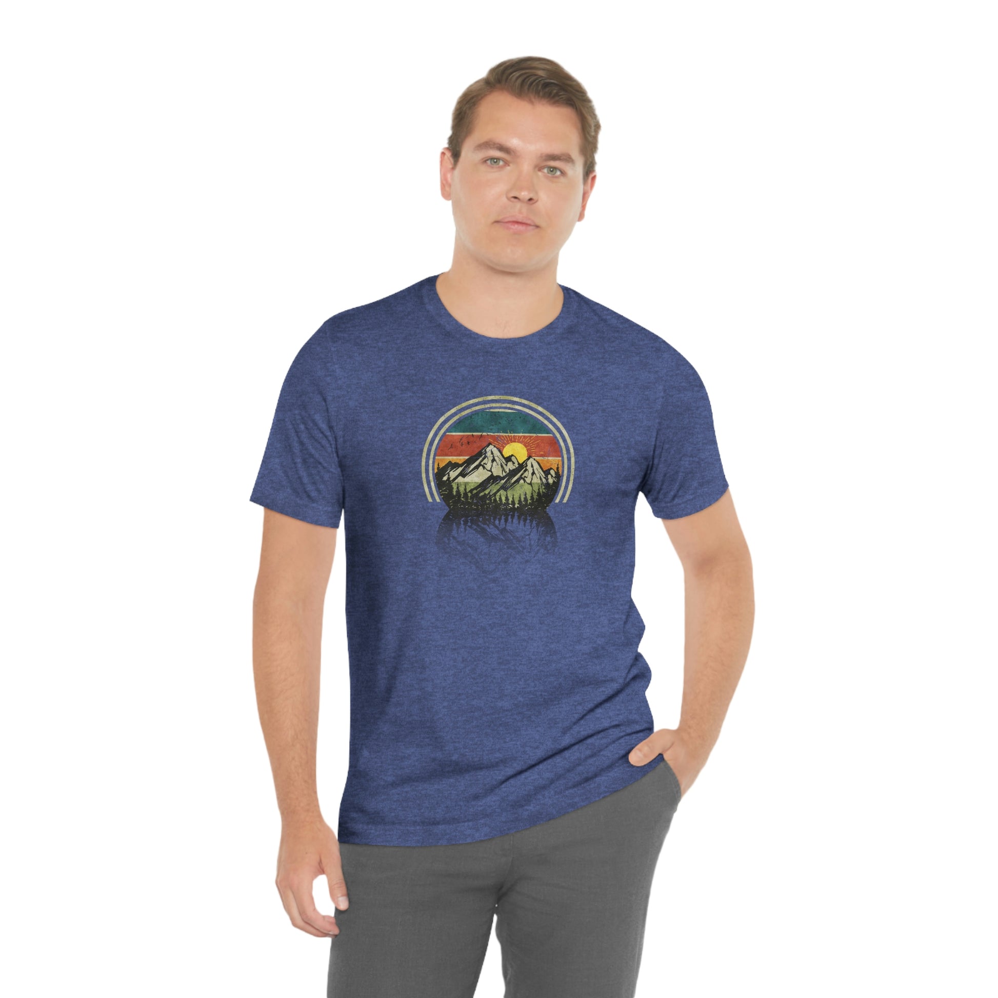 The Outdoor POD Store. Camping Tee Collection. Mountains. Heather True Royal