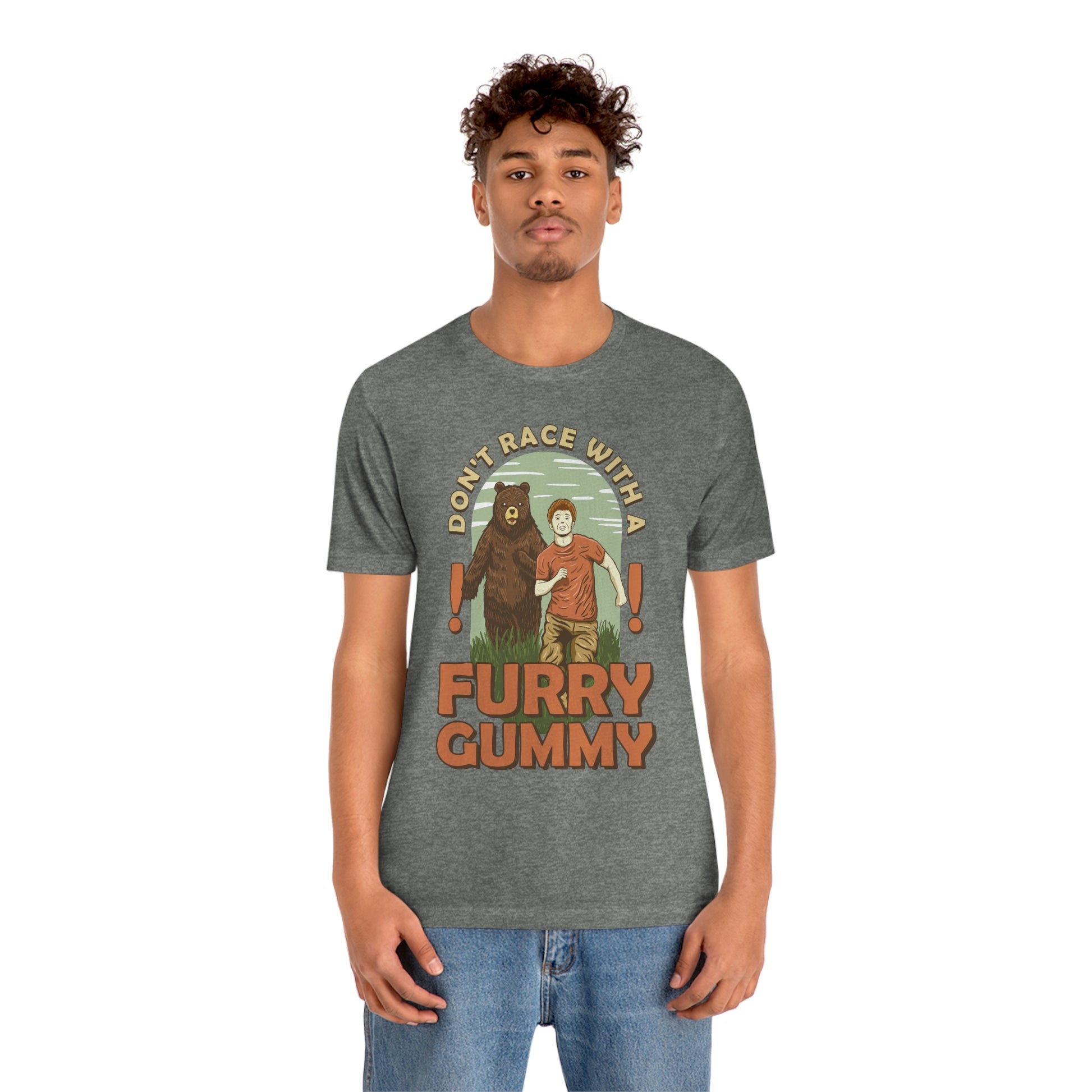 The Outdoor POD Store Funny Animal Meme Tee Collection. Don't Race with a Furry Gummy Bear. Dark Grey Heather