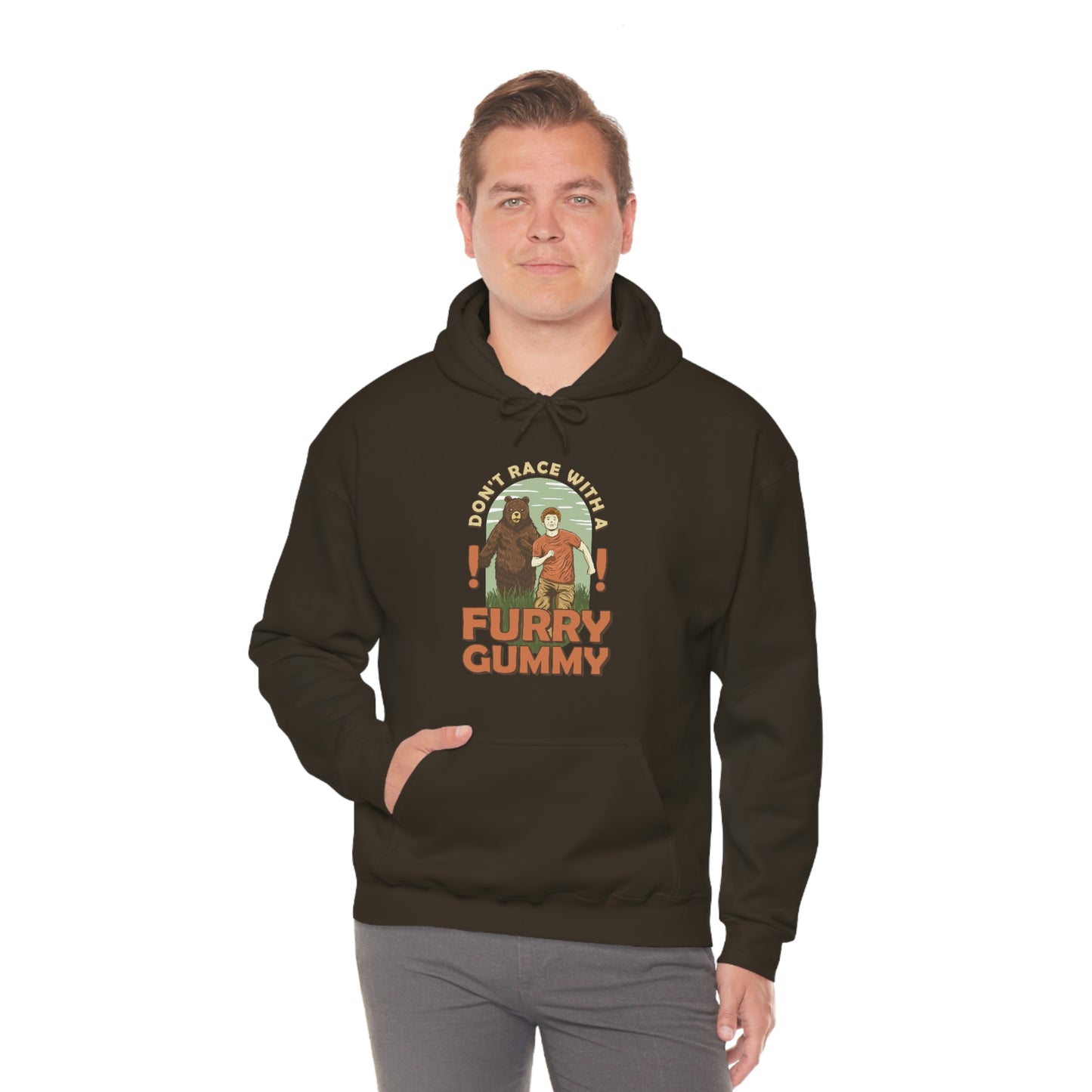 The Outdoor POD Store Funny Animal Meme Collection & Hoodie Collection. Don't Race with a Furry Gummy. Dark Chocolate