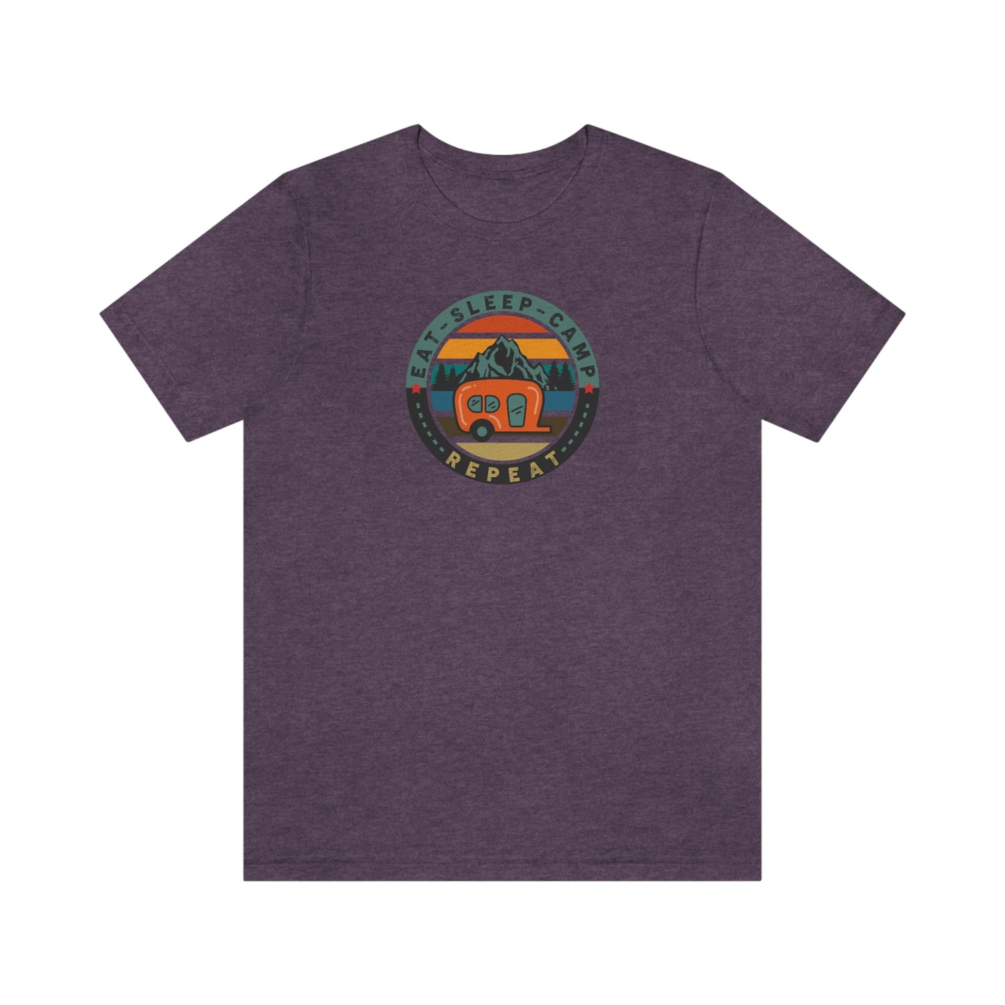 The Outdoor POD Store: Vintage Camping Tee - Eat, Sleep, Camp, Repeat. Heather Team Purple