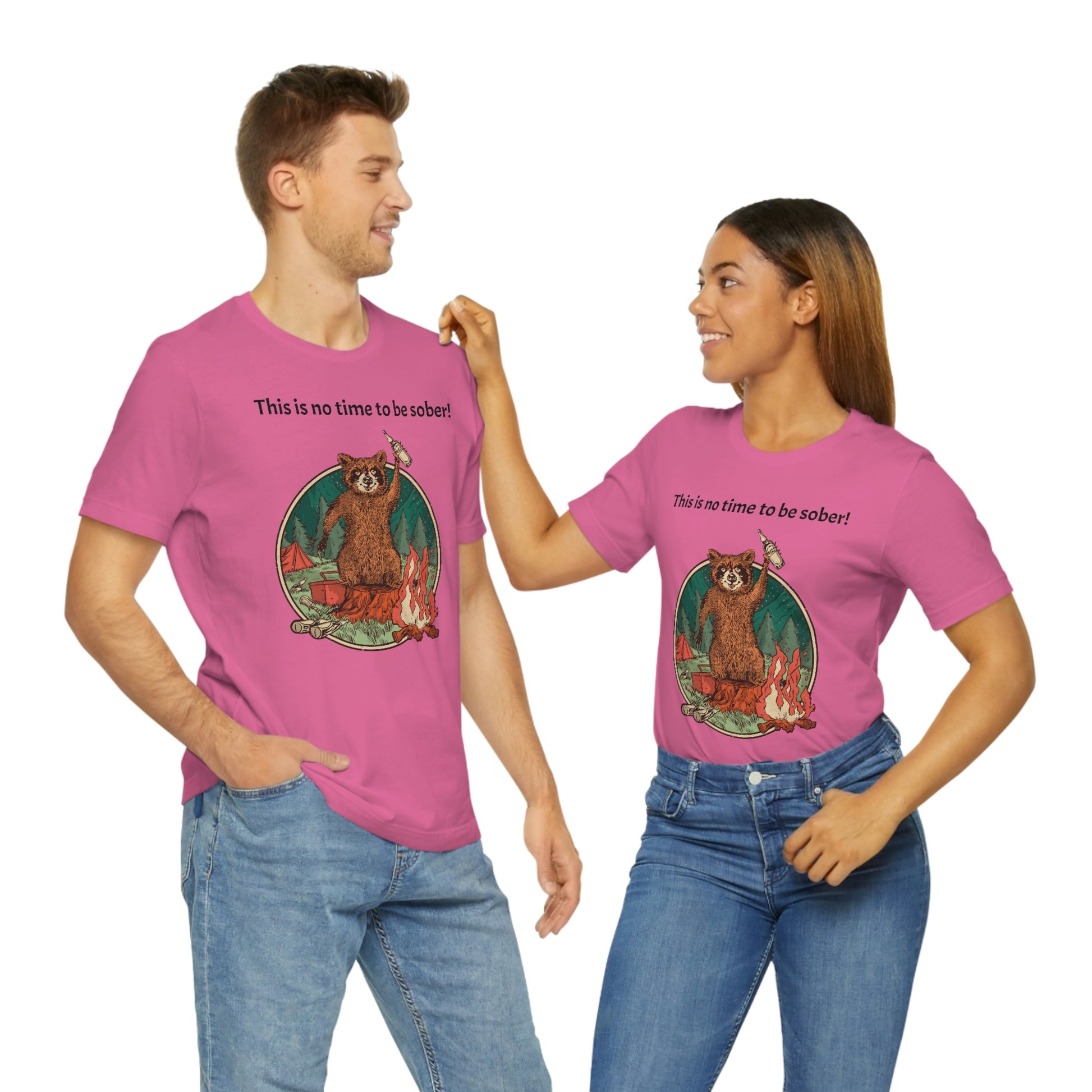 The Outdoor POD Store. This is no time to be sober raccoon campfire T-shirt.  Charity Pink