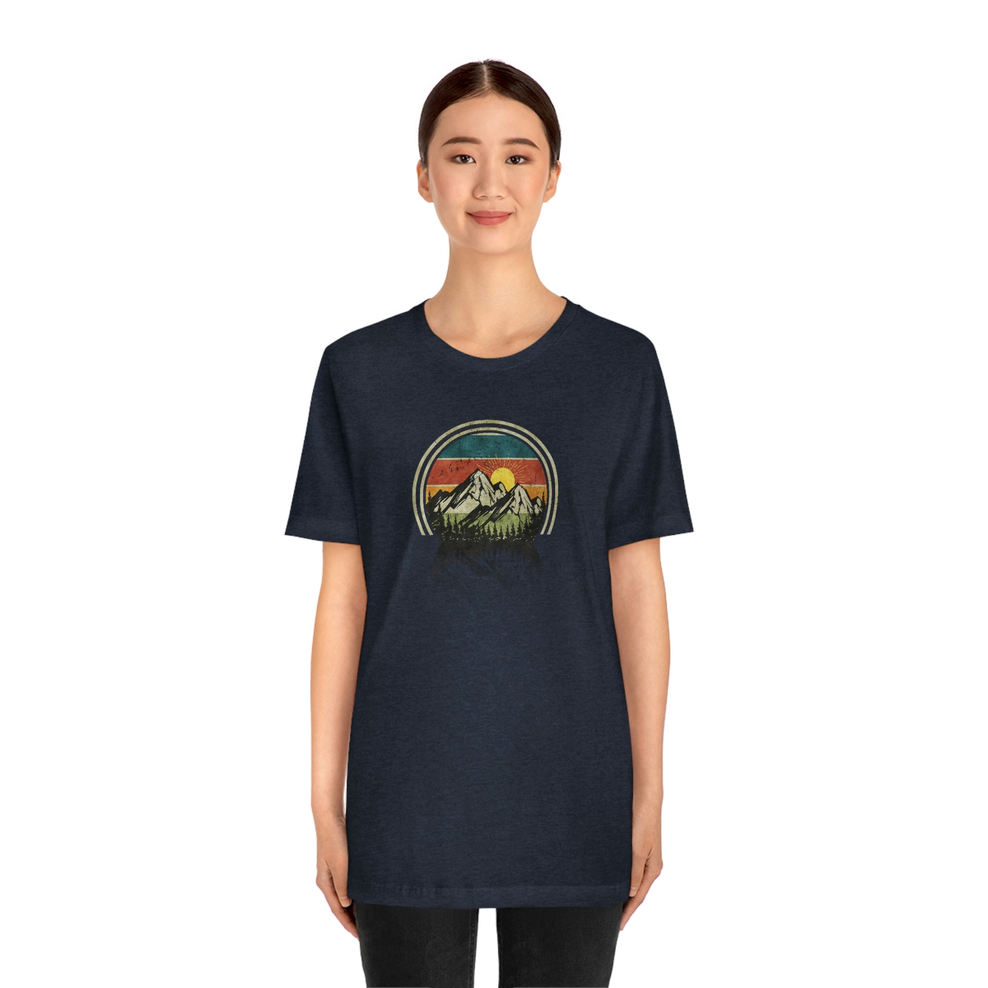 The Outdoor POD Store. Camping Tee Collection. Mountains. Heather Navy