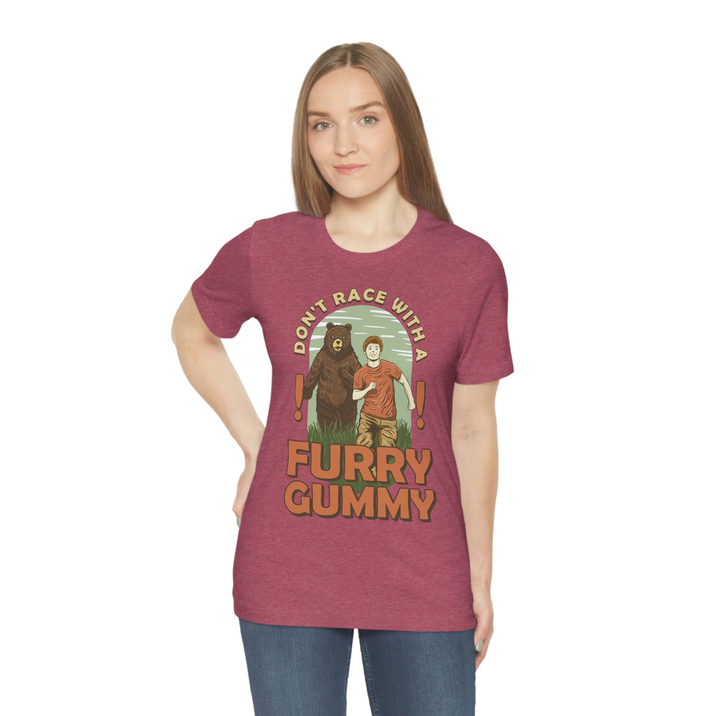 The Outdoor POD Store Funny Animal Meme Tee Collection. Don't Race with a Furry Gummy Bear. Heather Raspberry