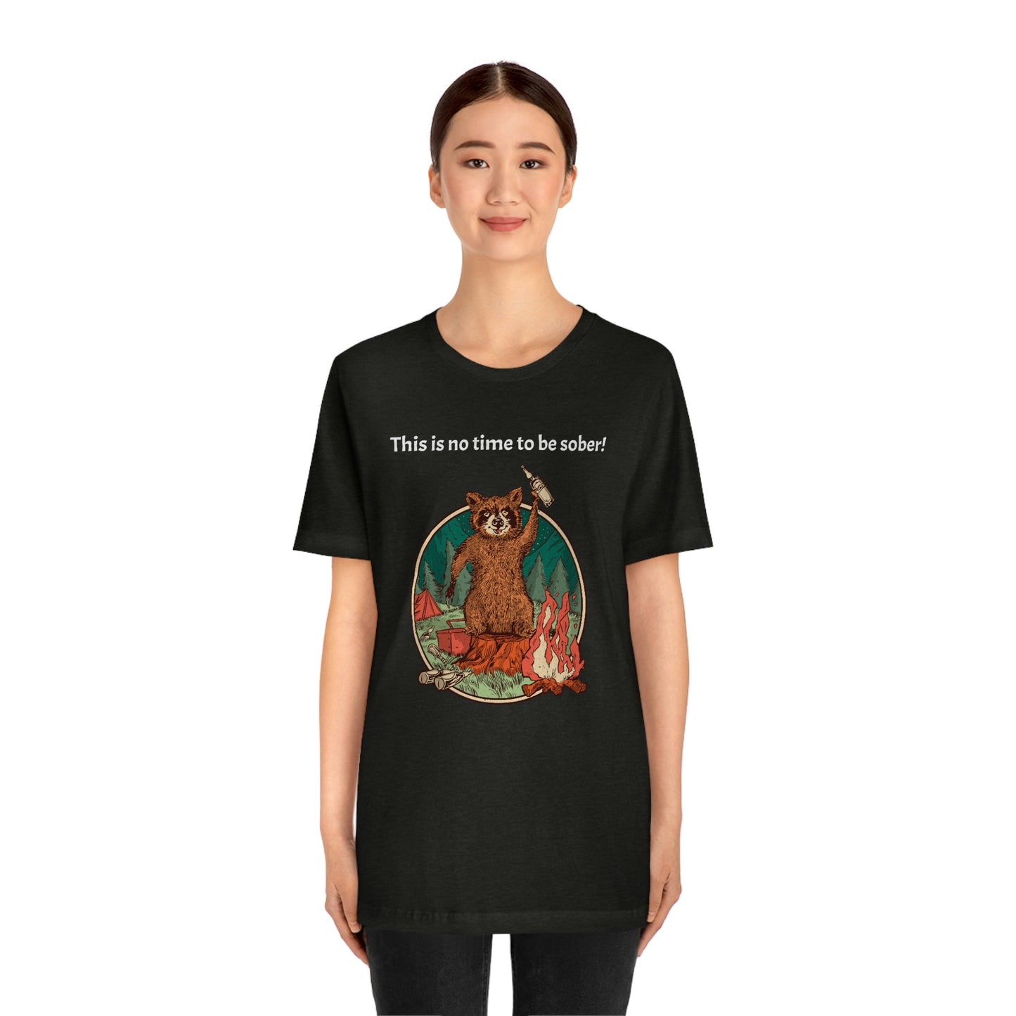 The Outdoor POD Store. This is no time to be sober raccoon campfire T-shirt. Black Heather