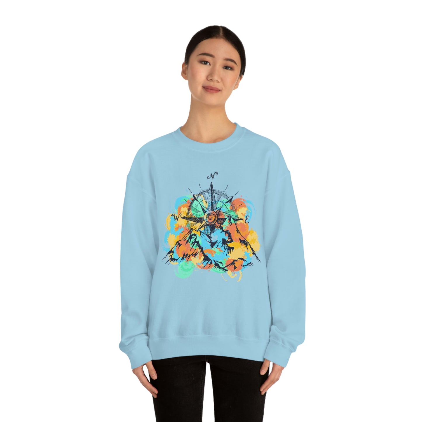 Light blue Camping Sweater. Pastel color mountains and compass light blue sweater