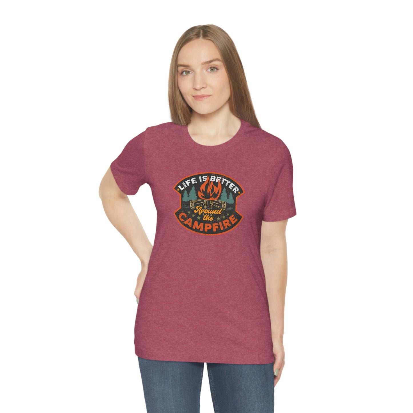 The Outdoor POD Store: Vintage Camping Tee - Life is Better Around the Campfire. Heather Raspberry