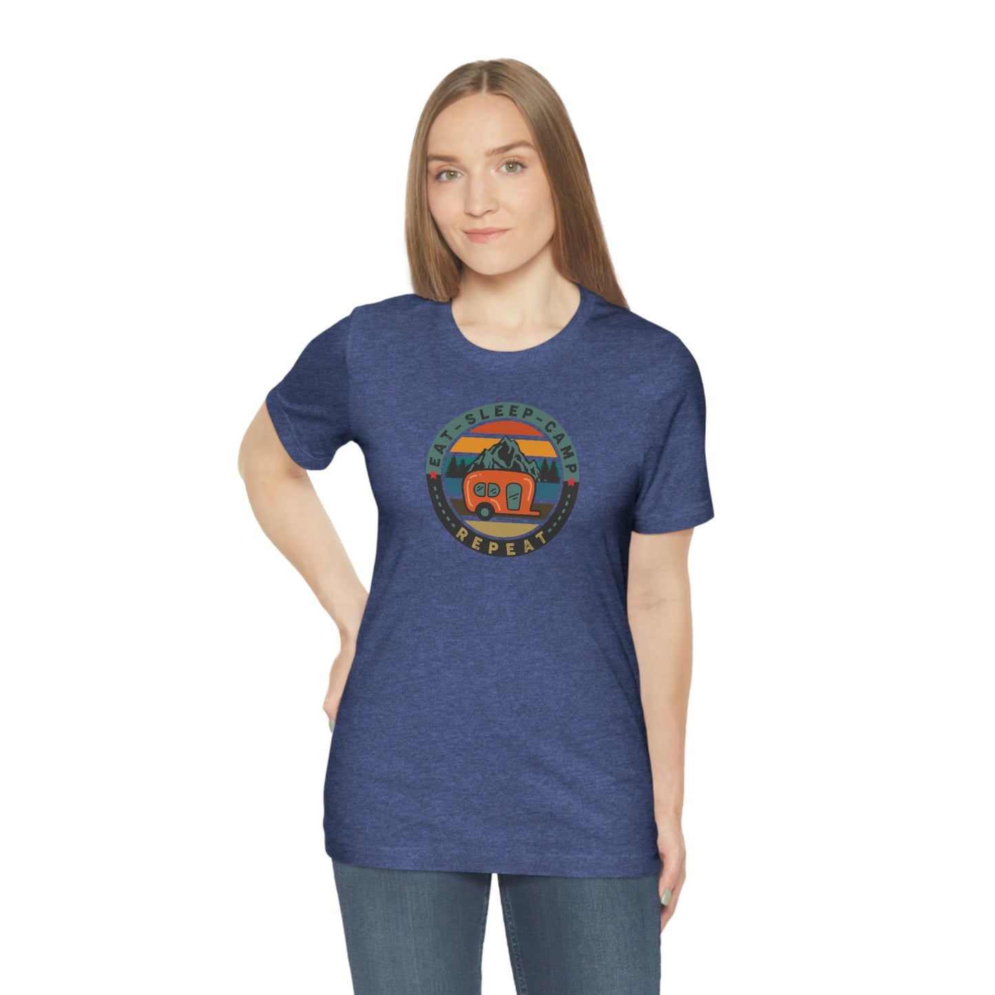 The Outdoor POD Store: Vintage Camping Tee - Eat, Sleep, Camp, Repeat. Heather Royal Blue