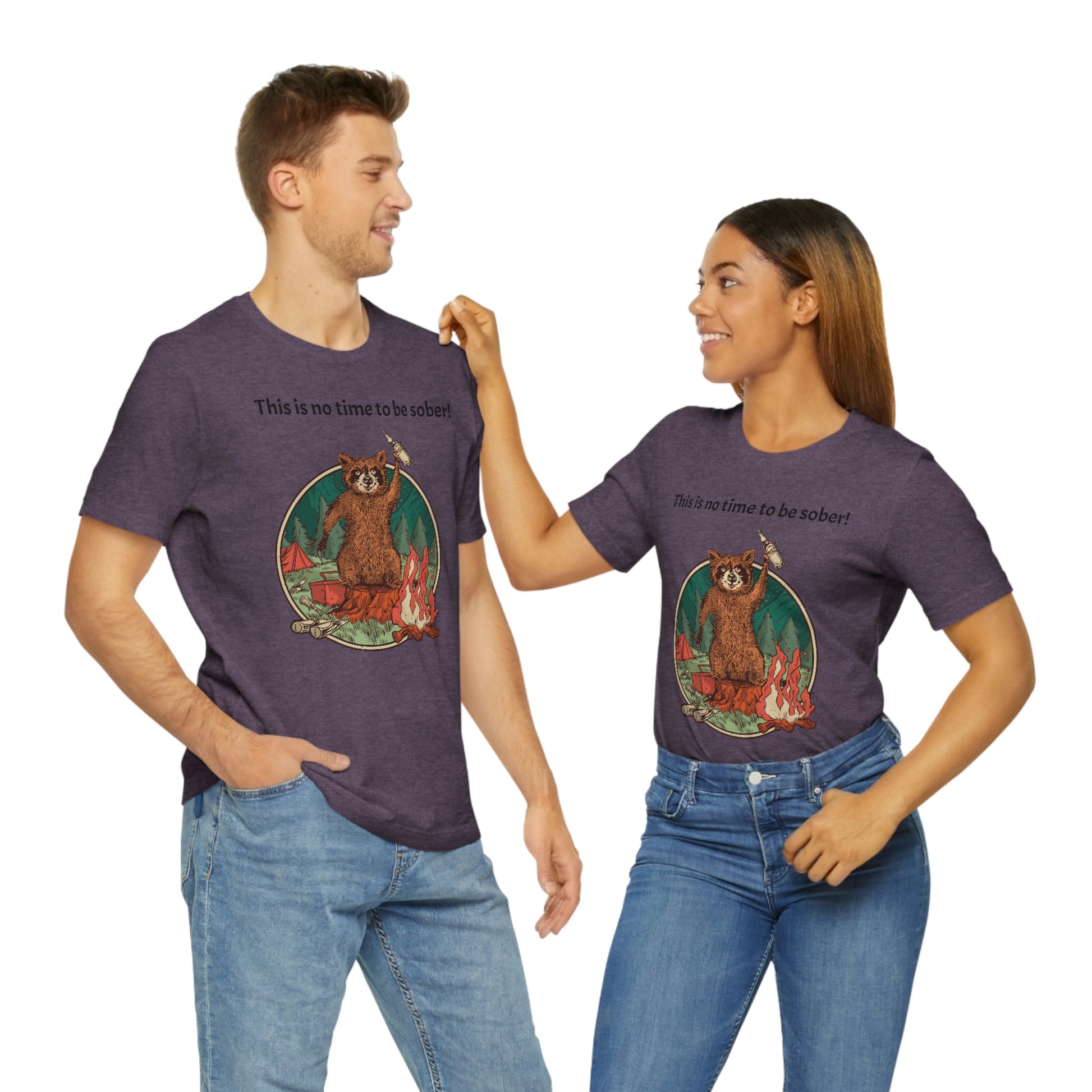 The Outdoor POD Store. This is no time to be sober raccoon campfire T-shirt.  Heather Purple