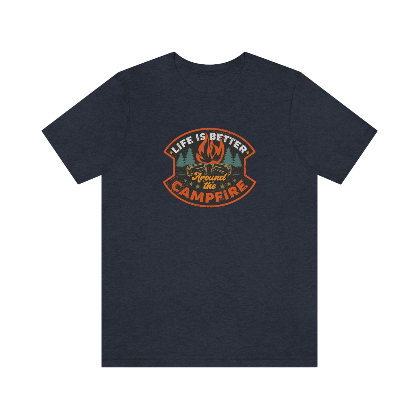 The Outdoor POD Store: Vintage Camping Tee - Life is Better Around the Campfire. Heather Navy