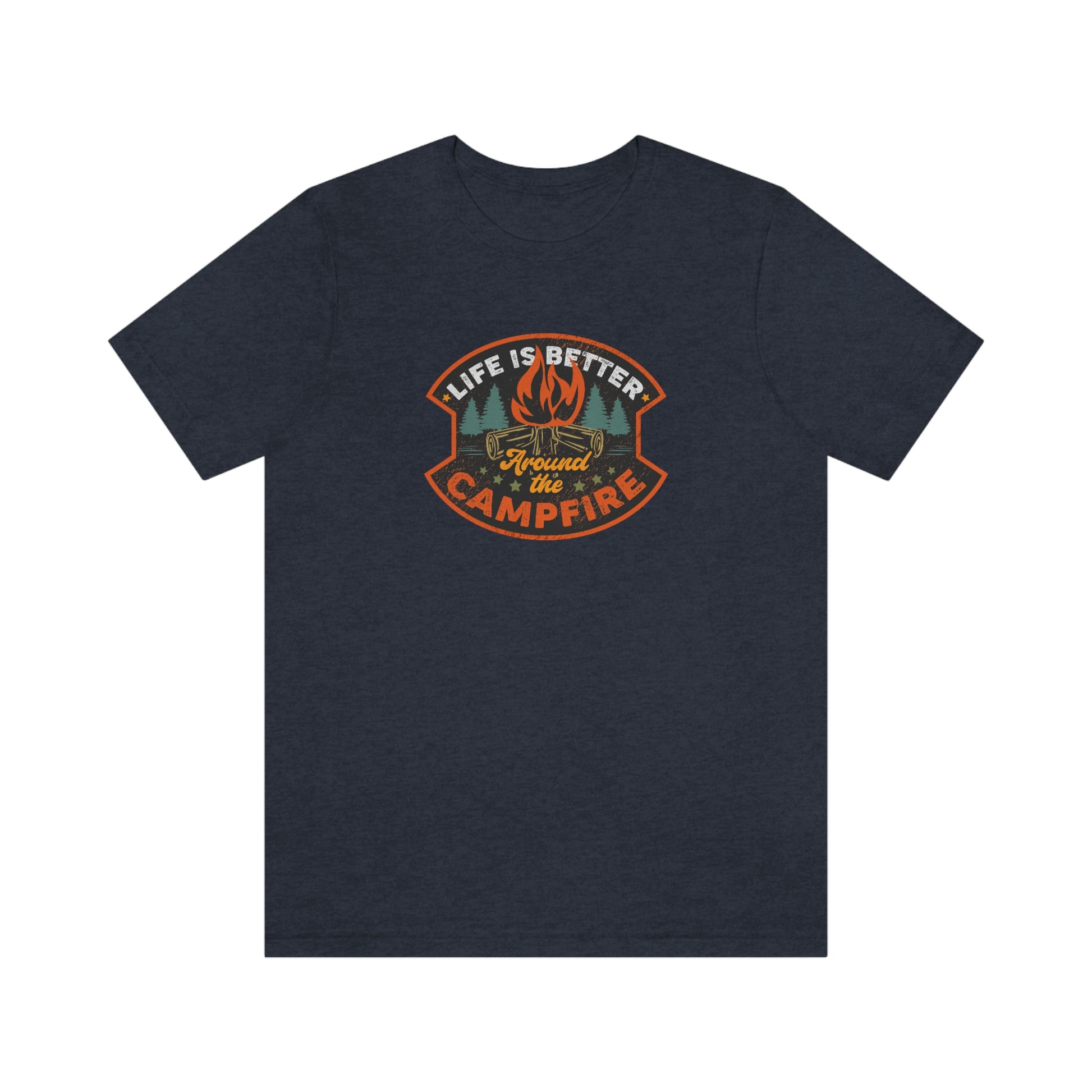 The Outdoor POD Store: Vintage Camping Tee - Life is Better Around the Campfire. Heather Navy