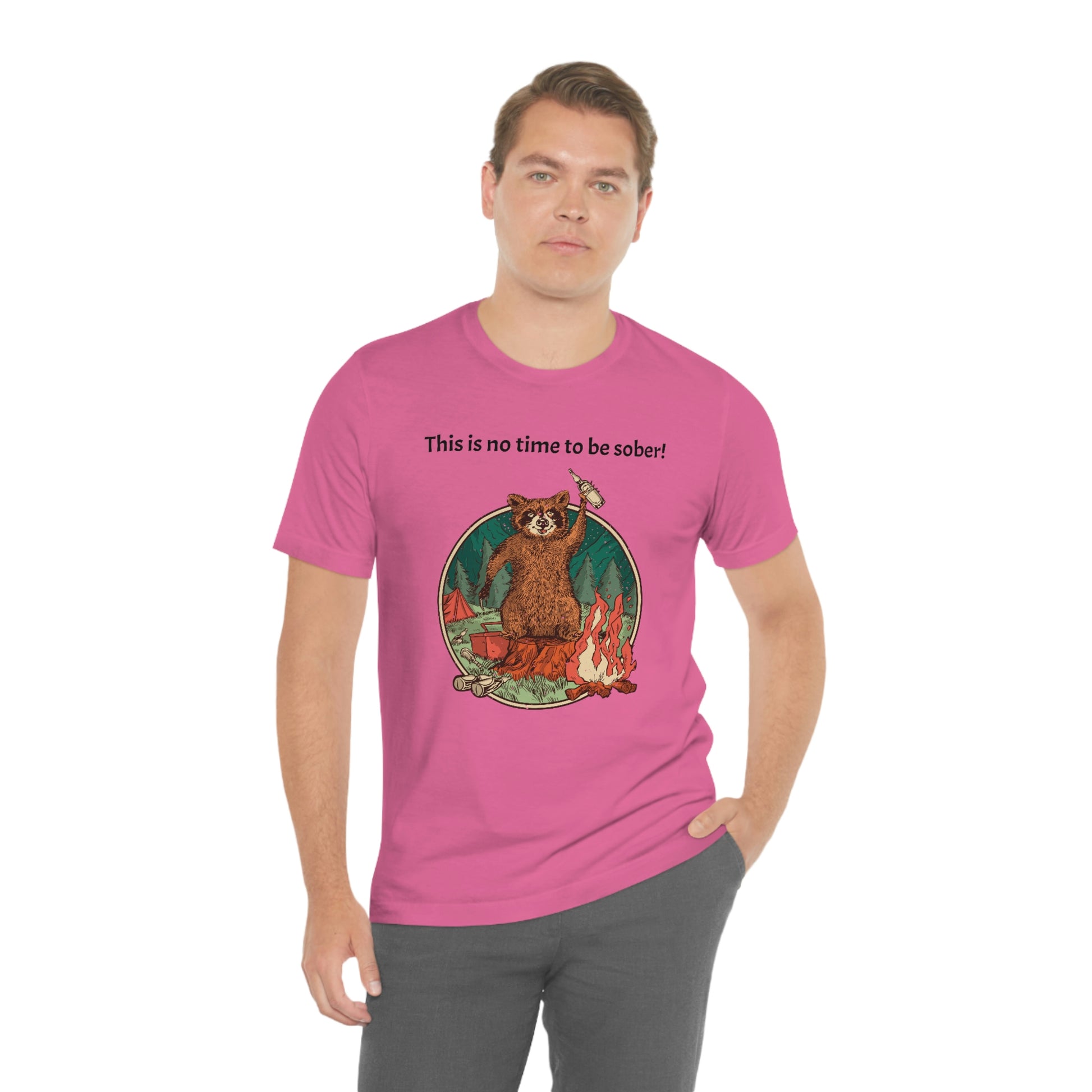 The Outdoor POD Store. This is no time to be sober raccoon campfire T-shirt.  Charity Pink