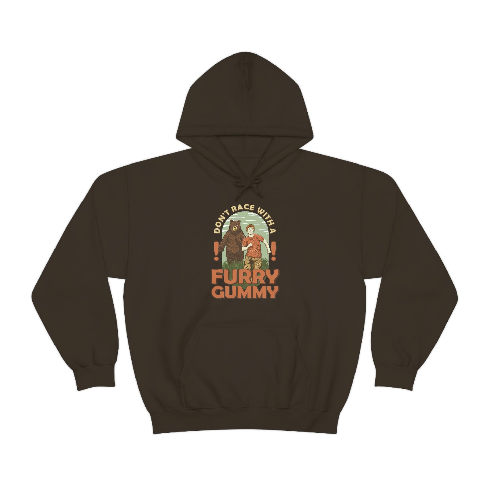 The Outdoor POD Store Funny Animal Meme Collection & Hoodie Collection. Don't Race with a Furry Gummy. Dark Chocolate