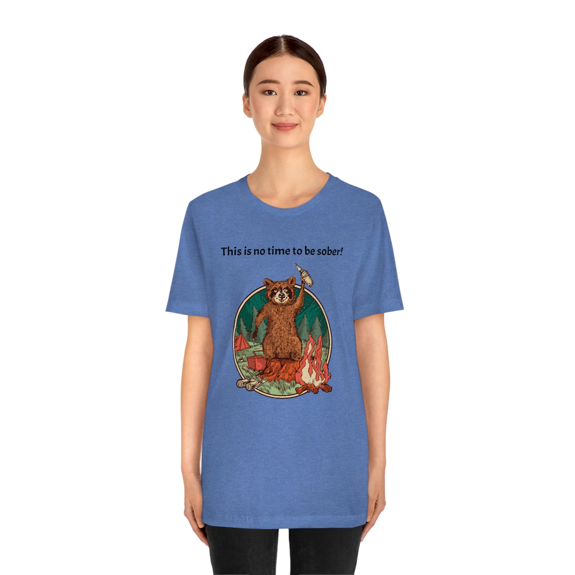 The Outdoor POD Store. This is no time to be sober raccoon campfire T-shirt.  Heather Columbia Blue