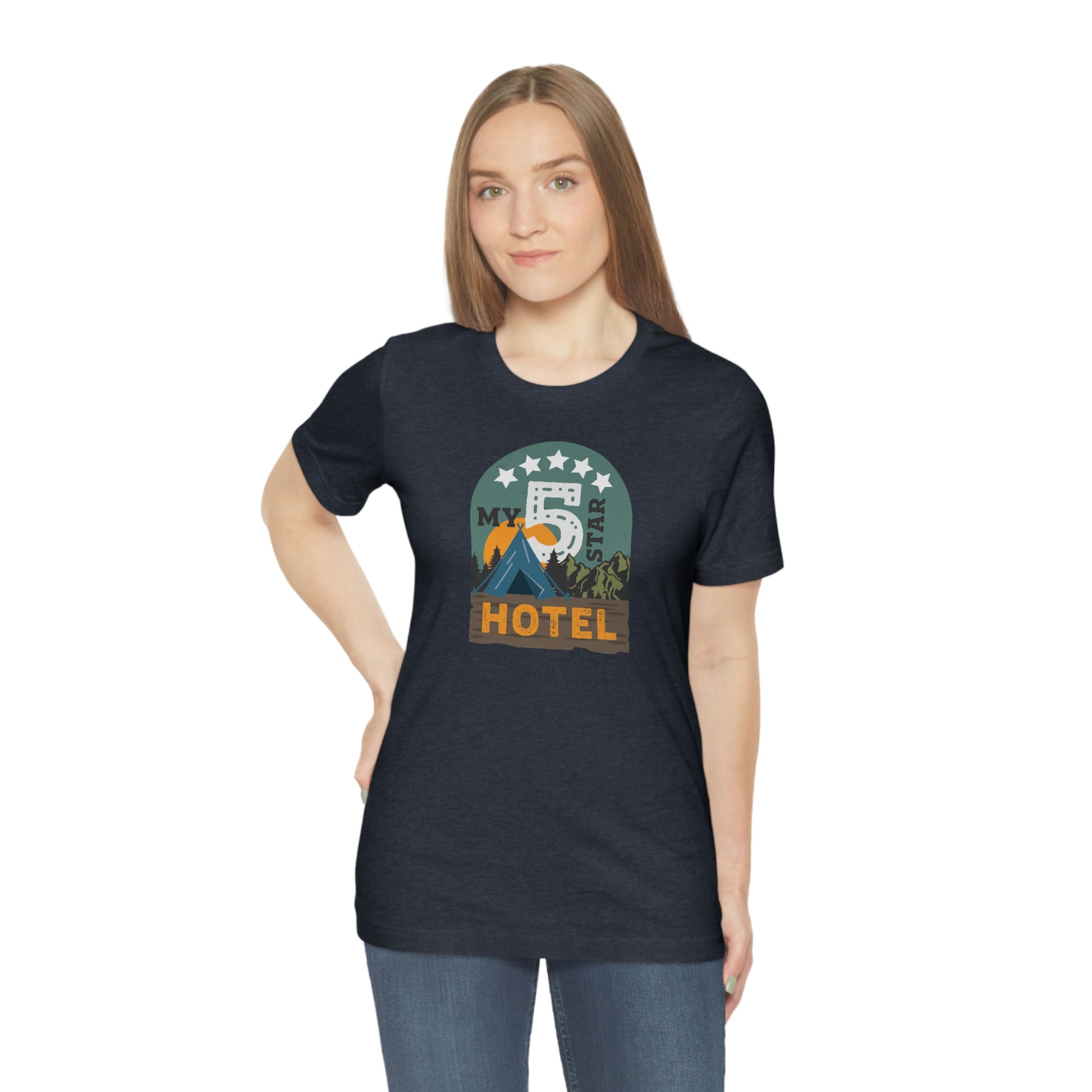 The Outdoor POD Store: Vintage Camping Tee - My Five Star Hotel is a Tent. Heather Navy Blue