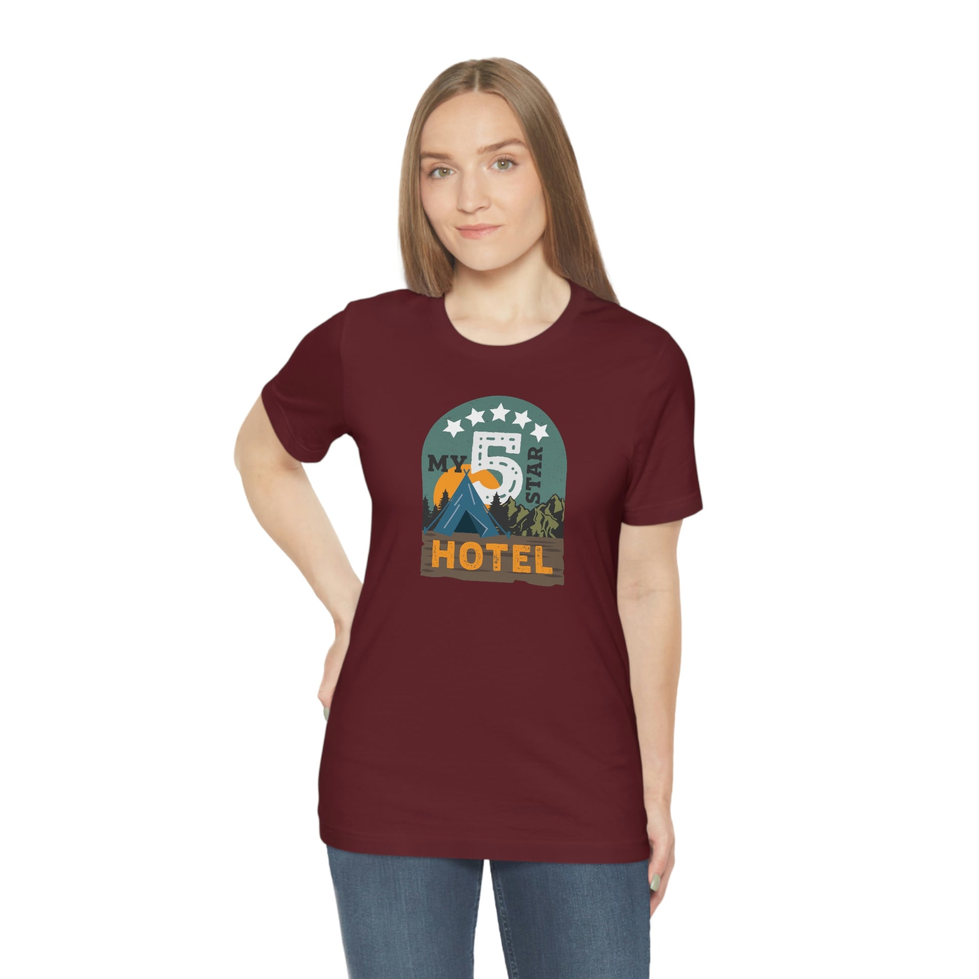 The Outdoor POD Store: Vintage Camping Tee - My Five Star Hotel is a Tent. Maroon