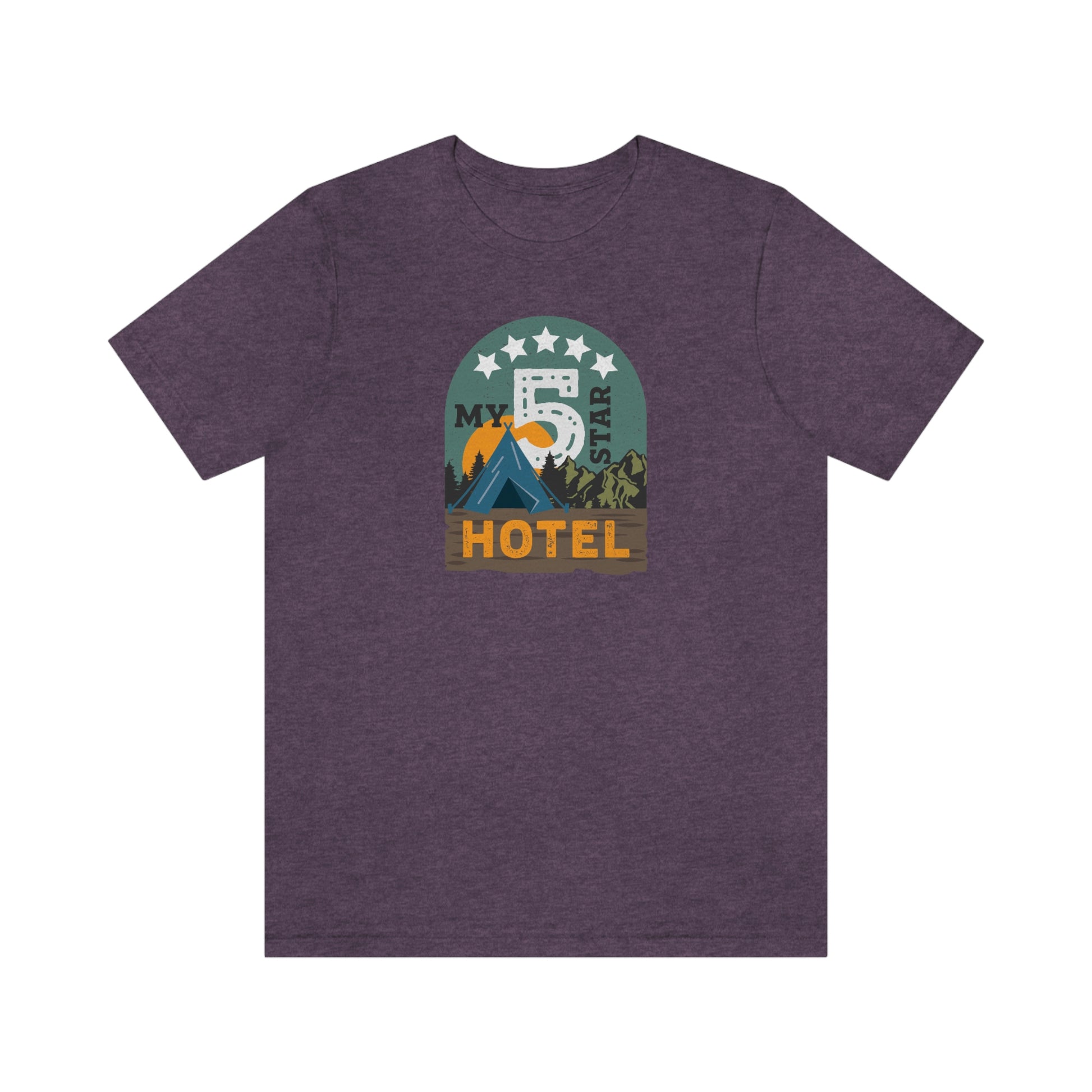 The Outdoor POD Store: Vintage Camping Tee - My Five Star Hotel is a Tent. Heather Team Purple