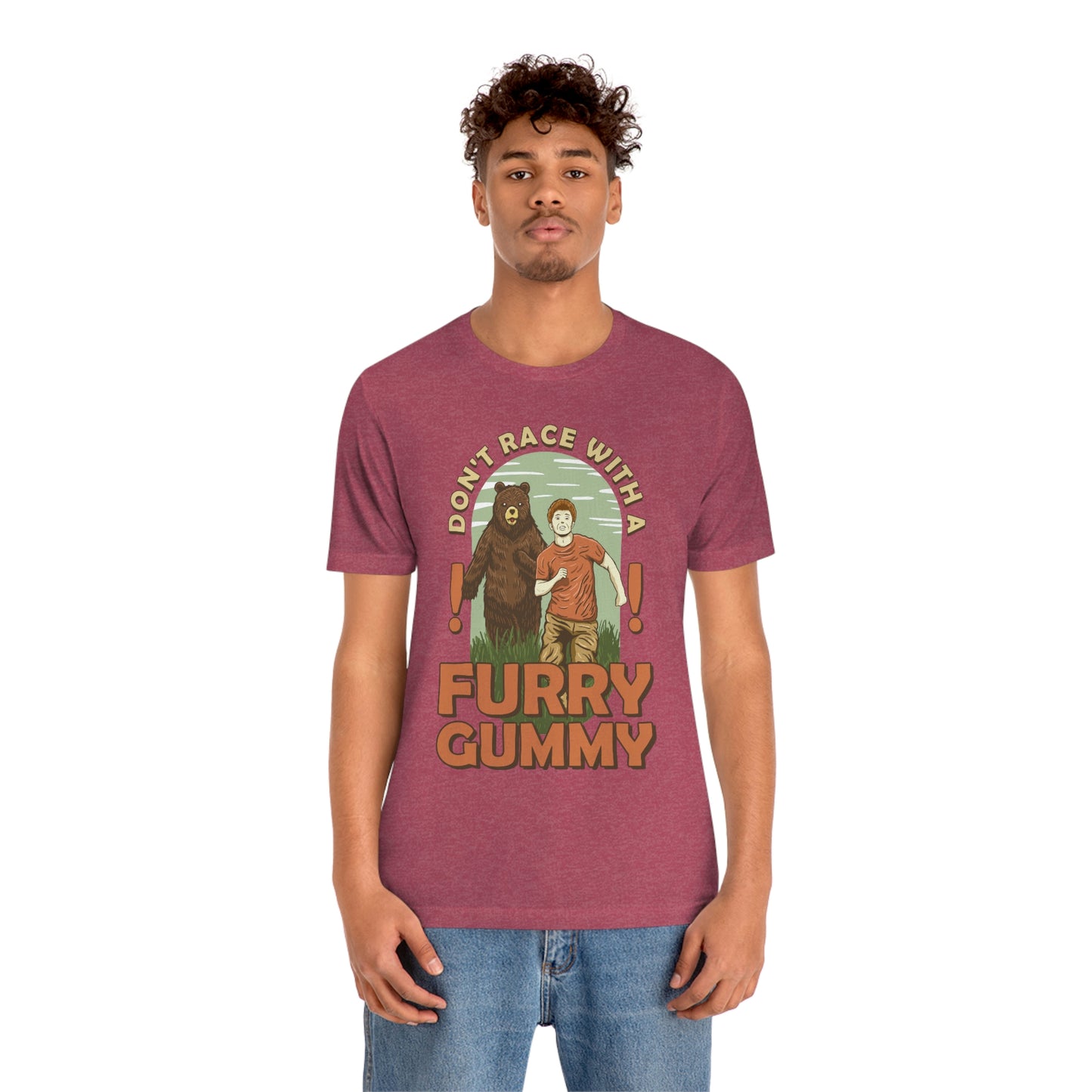 The Outdoor POD Store Funny Animal Meme Tee Collection. Don't Race with a Furry Gummy Bear. Heather Raspberry