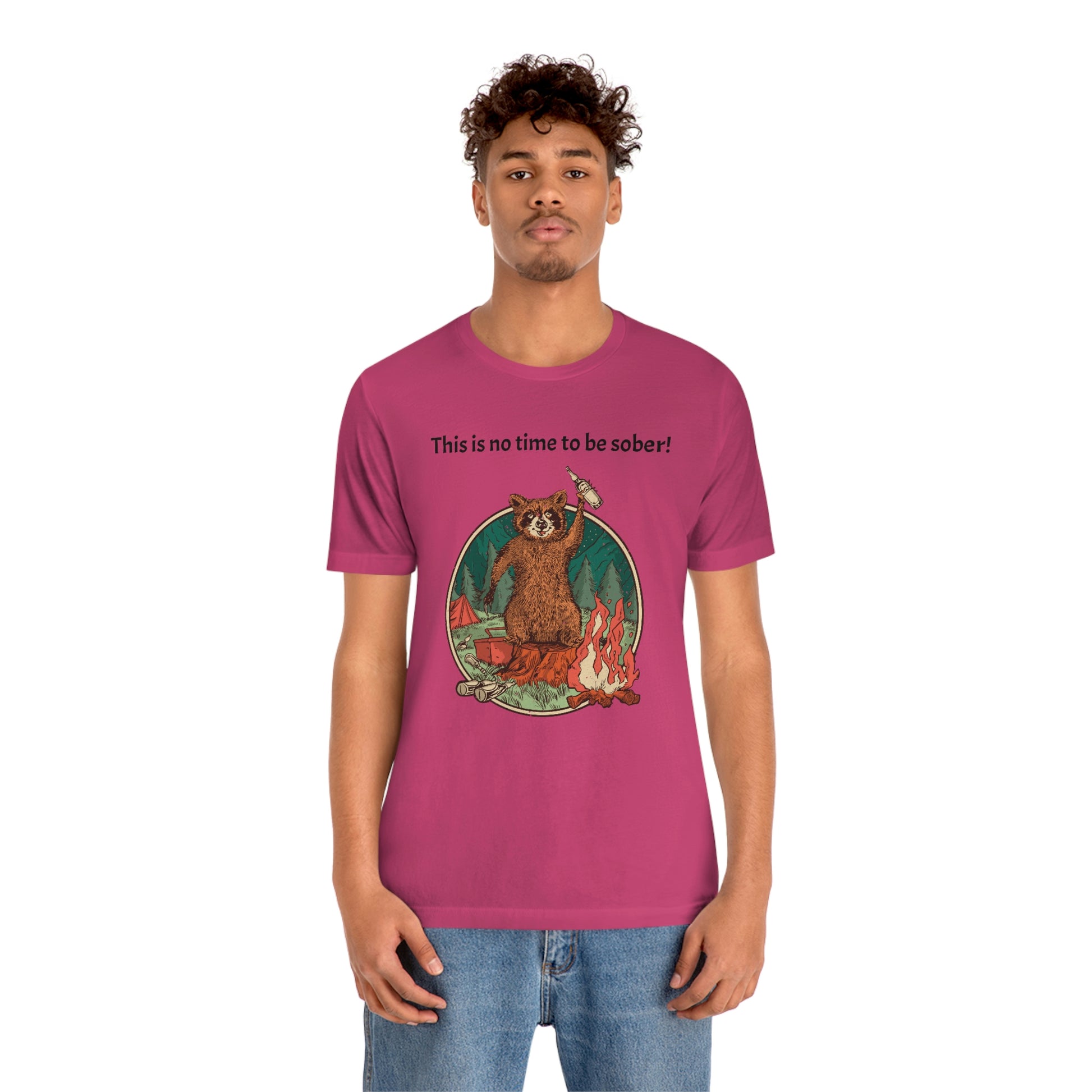 The Outdoor POD Store. This is no time to be sober raccoon campfire T-shirt.  Berry