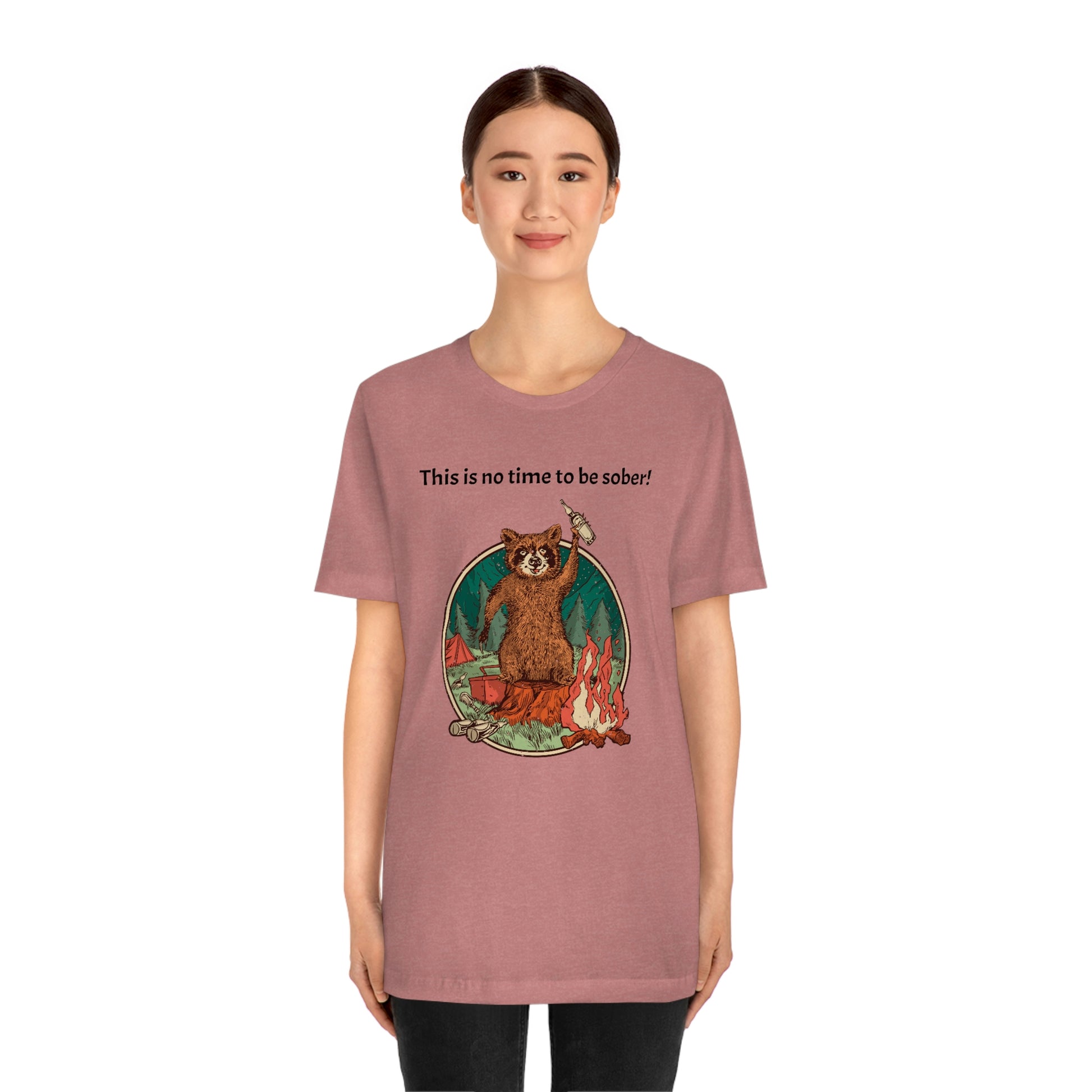 The Outdoor POD Store. This is no time to be sober raccoon campfire T-shirt. Heather Mauve