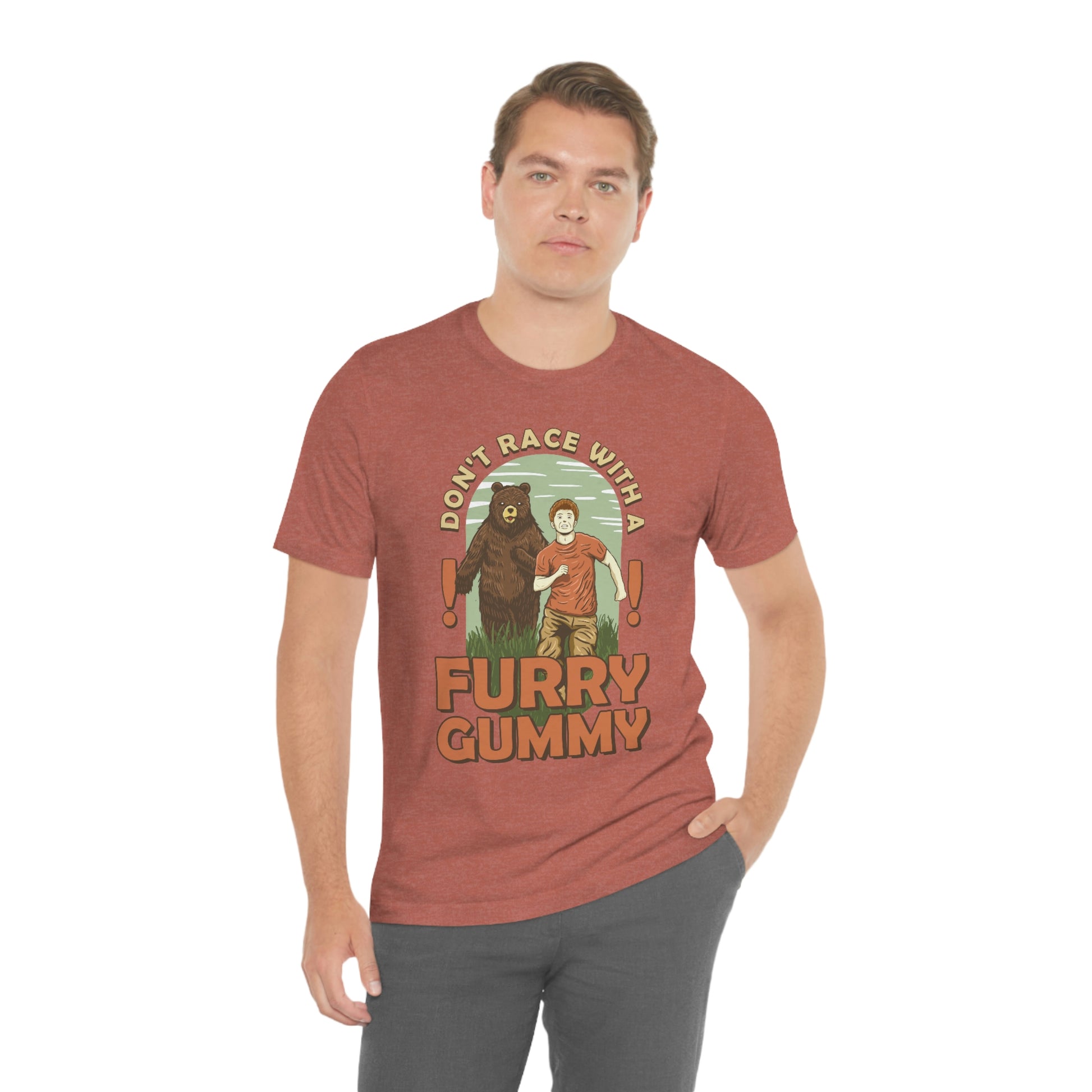 The Outdoor POD Store Funny Animal Meme Tee Collection. Don't Race with a Furry Gummy Bear. Heather Clay