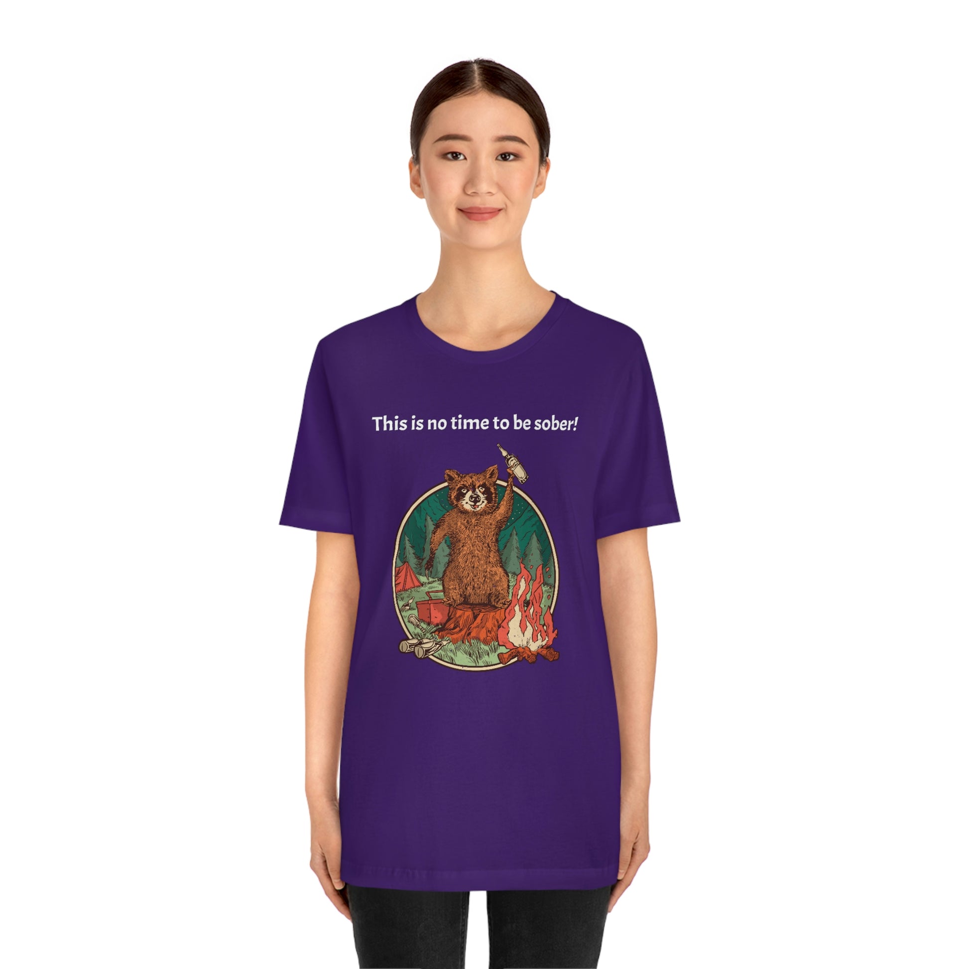 The Outdoor POD Store. This is no time to be sober raccoon campfire T-shirt.  Purple