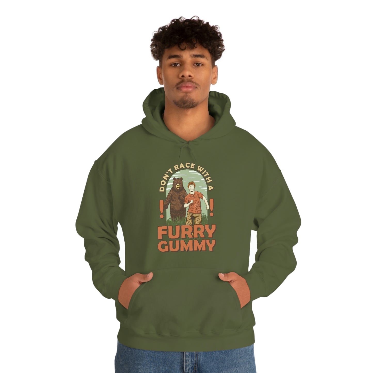 The Outdoor POD Store Funny Animal Meme Collection & Hoodie Collection. Don't Race with a Furry Gummy. Military Green