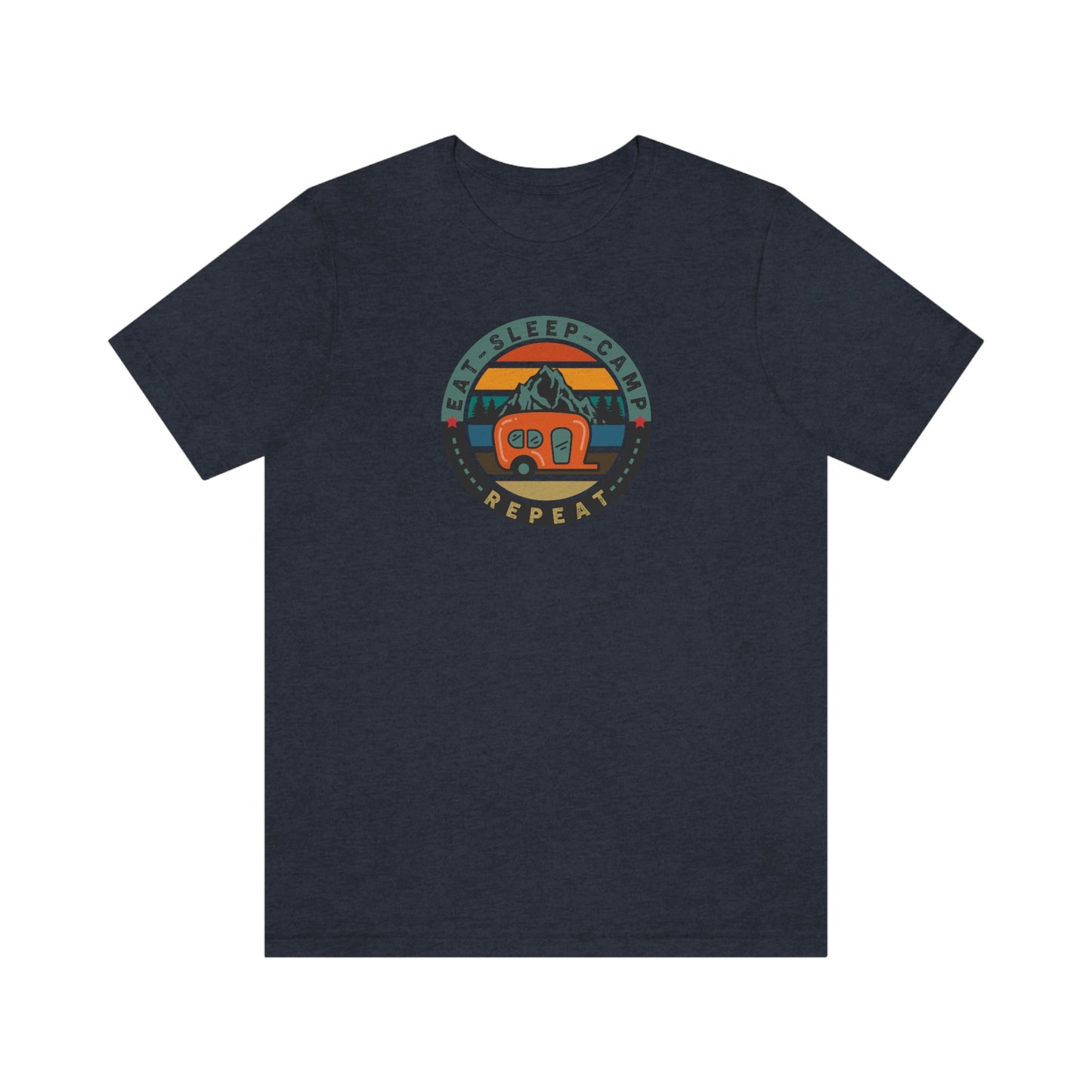 The Outdoor POD Store: Vintage Camping Tee - Eat, Sleep, Camp, Repeat. Heather Navy