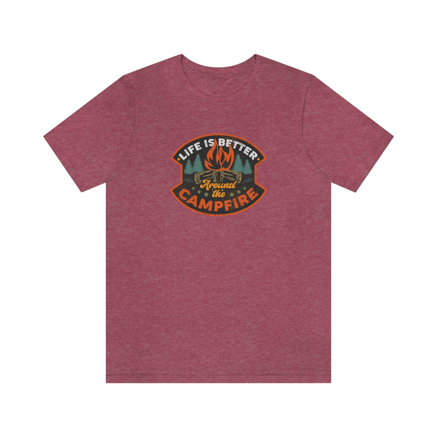 The Outdoor POD Store: Vintage Camping Tee - Life is Better Around the Campfire. Heather Raspberry