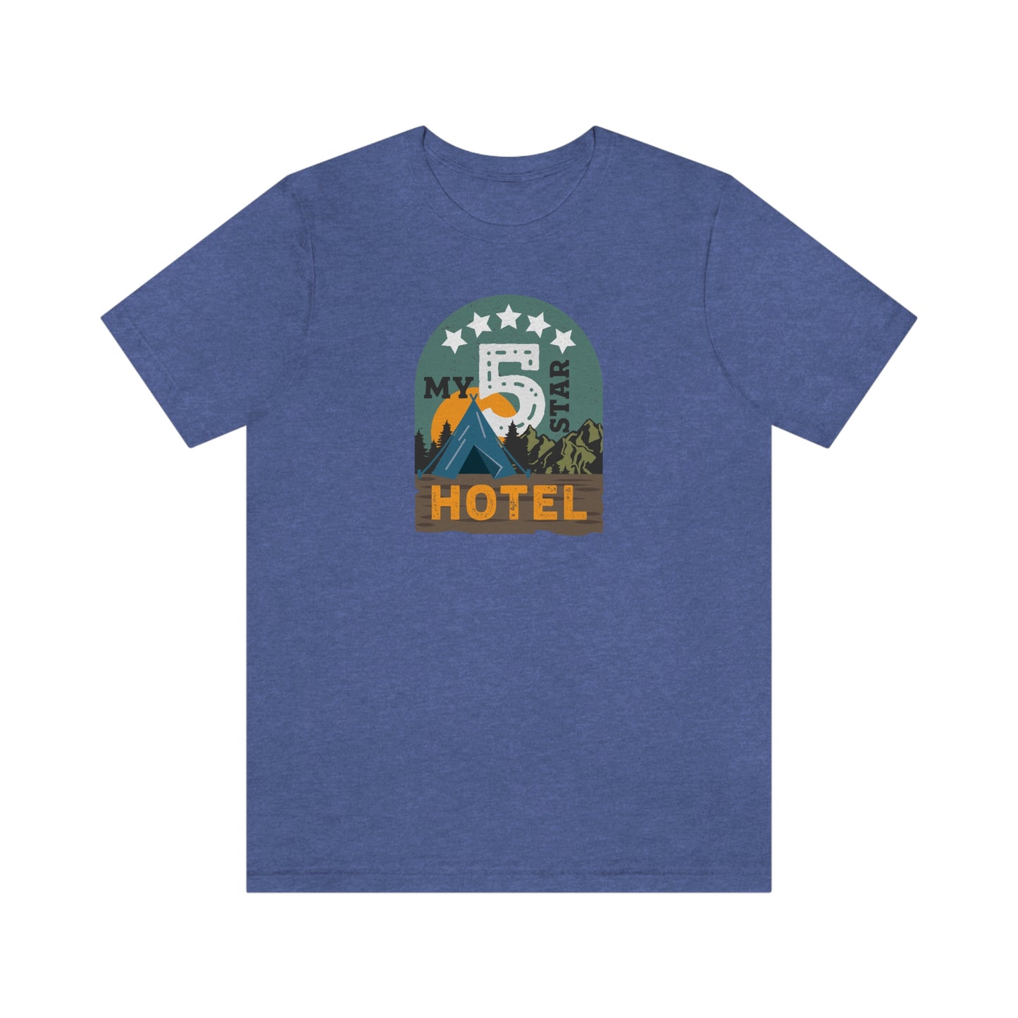 The Outdoor POD Store: Vintage Camping Tee - My Five Star Hotel is a Tent. Heather True Royal Blue